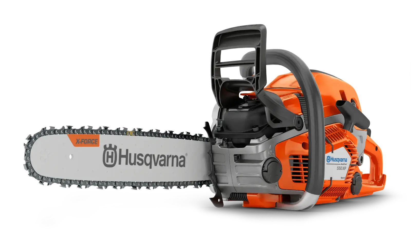 Husqvarna 550XP MARK II Motorsäge, professionelle Kettensäge für Forstarbeiten, in Orange und Grau auf schwarzem Hintergrund.