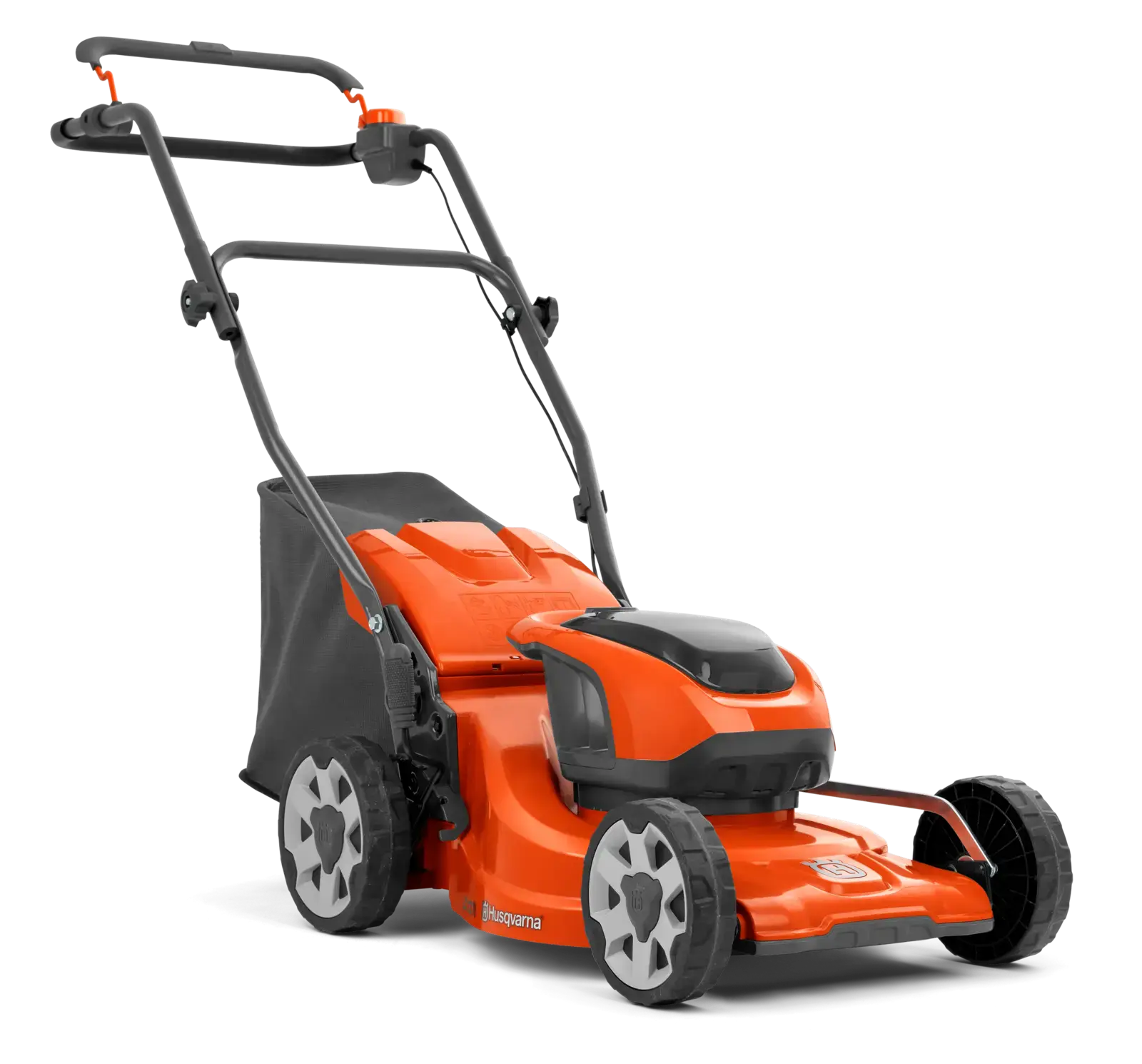 Husqvarna LC137I Akku Rasenmäher in Orange und Schwarz mit Fangkorb, Seitenansicht auf schwarzem Hintergrund.