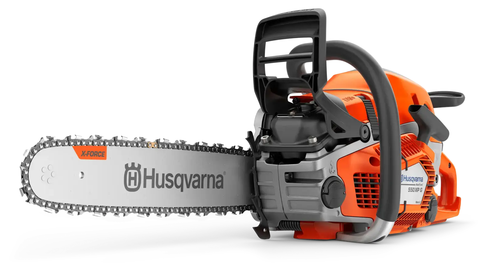Husqvarna 550XPG MARK II Motorsäge in Orange und Grau, Ansicht von der Seite mit X-Force Schwert und Kette. Professionelles Werkzeug.