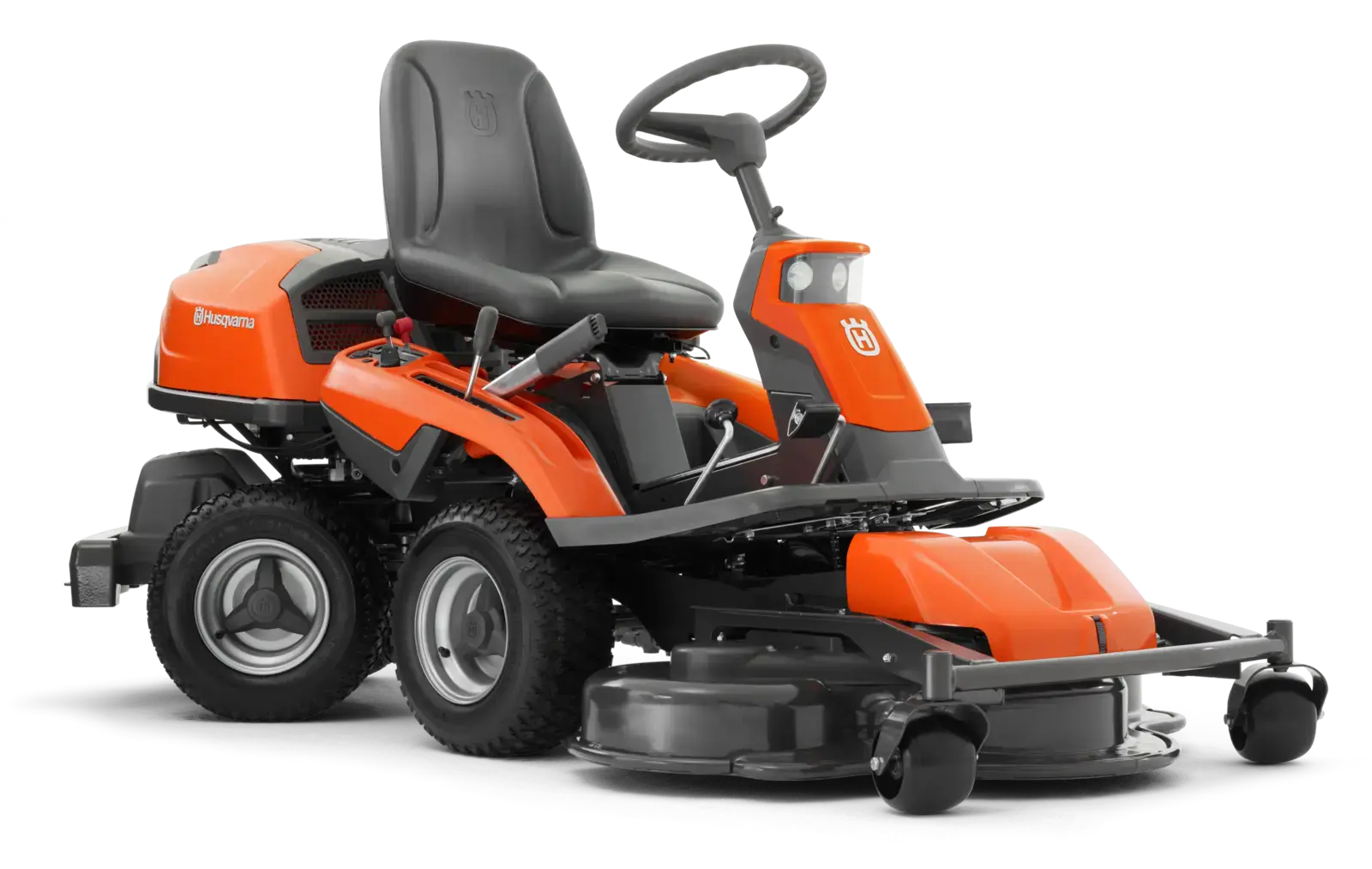 Husqvarna R316TX Aufsitzmäher, orange und schwarz, Seitenansicht. Ein komfortables und leistungsstarkes Gartengerät für große Flächen.