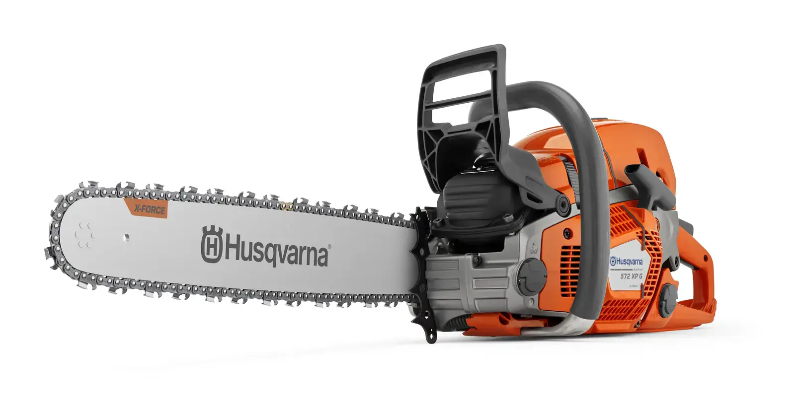 Husqvarna 572XPG Motorsäge, orange und grau, mit scharfer Kette und X-Force Schwert. Für professionelle Baumpflege und Forstarbeiten.