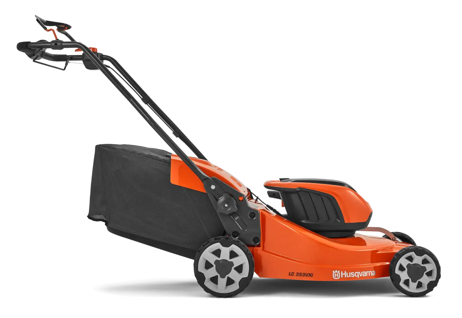 Husqvarna LC 353IVX Rasenmäher, orange, Seitenansicht mit Fangkorb, für Gartenarbeit und Rasenpflege.
