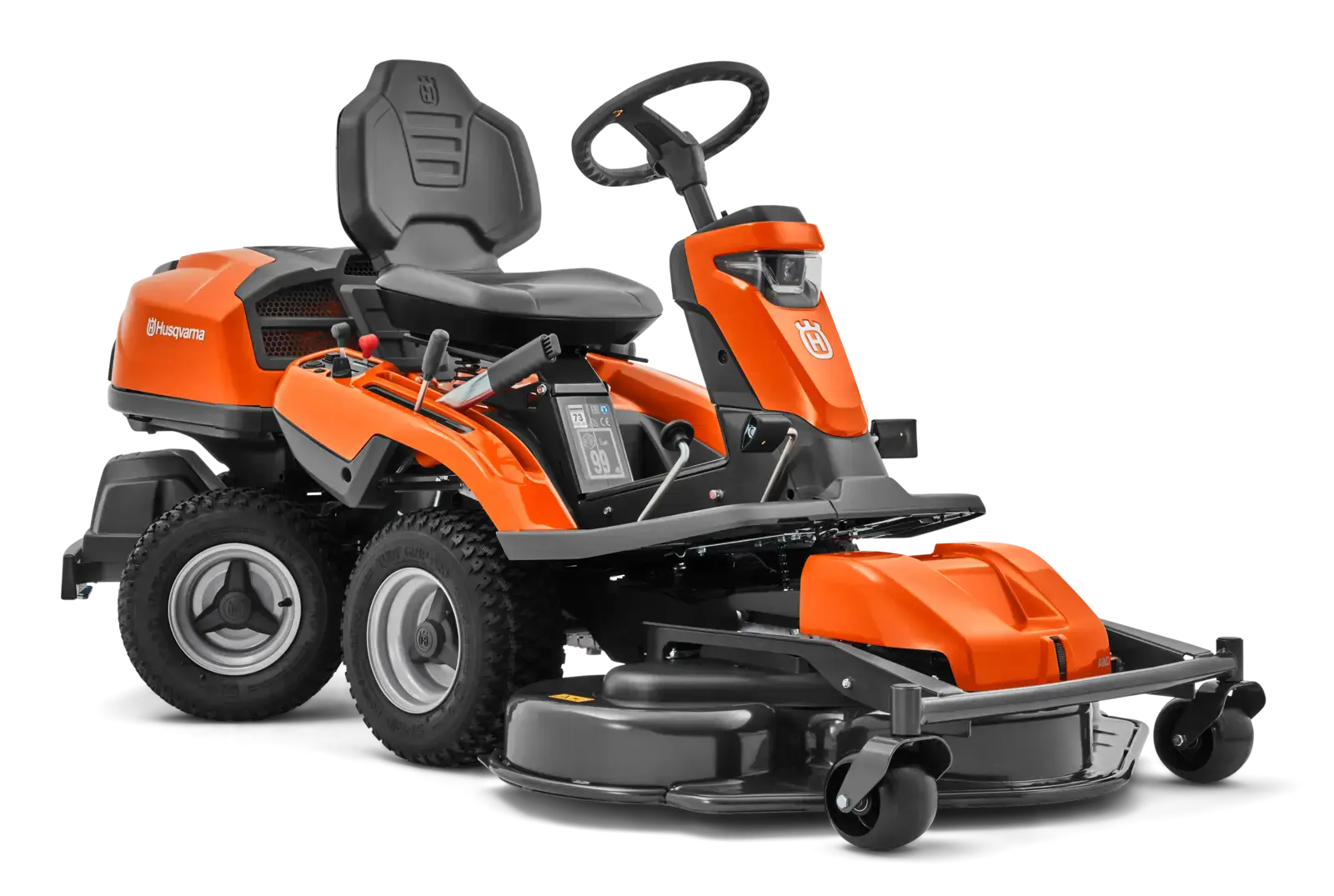 Husqvarna R320X AWD Rider, Aufsitzmäher in Orange und Schwarz, mit Allradantrieb für anspruchsvolles Gelände.