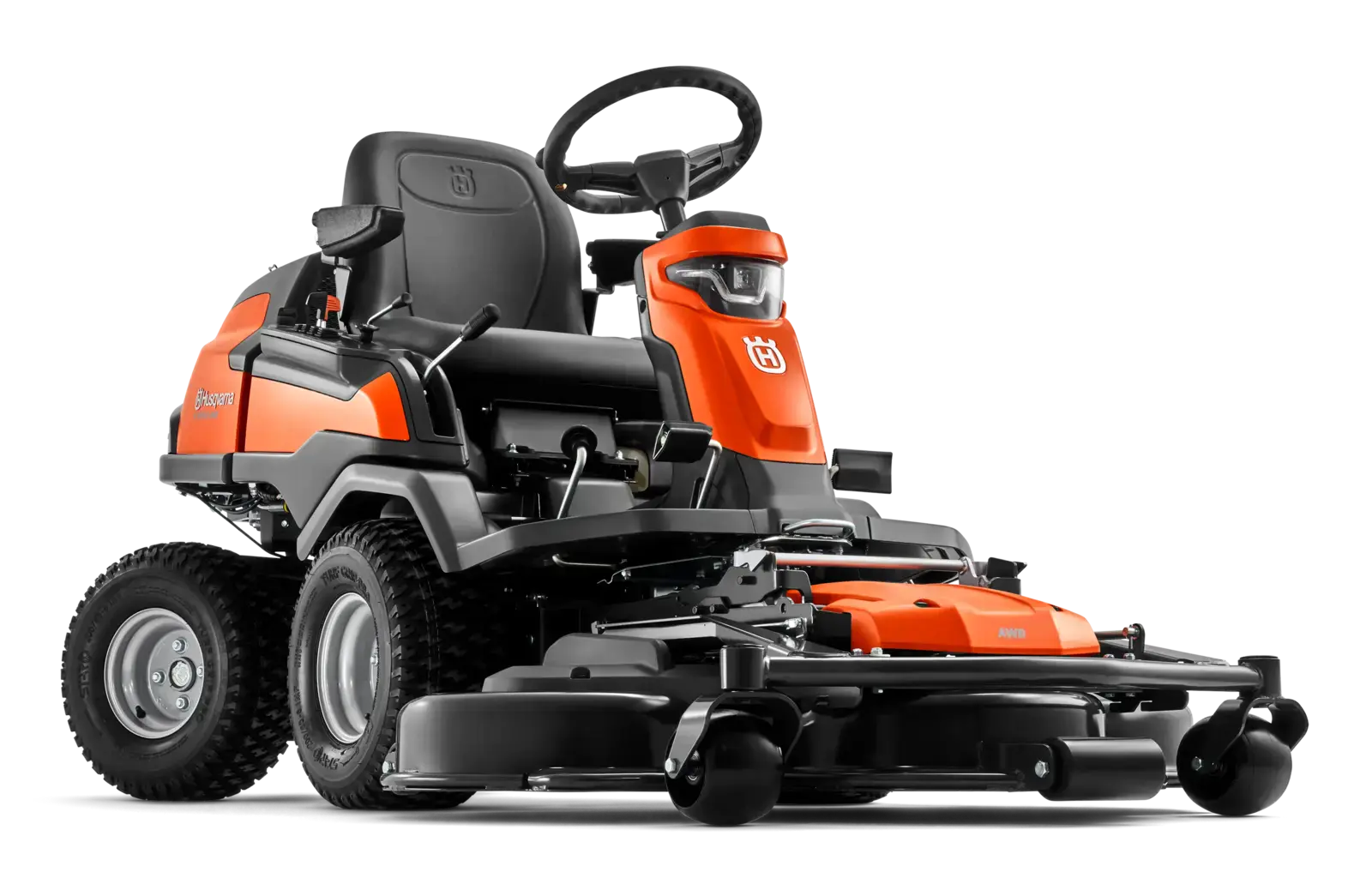Husqvarna R420TSX AWD Aufsitzmäher, orange und schwarz, mit Allradantrieb für anspruchsvolle Gärten. Professionelle Gartenpflege.