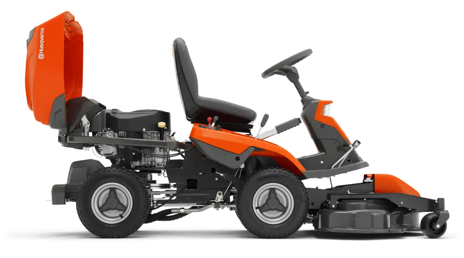 Husqvarna R 316TX AWD Rasentraktor, Seitenansicht. Ein Aufsitzmäher mit Allradantrieb für den professionellen Einsatz im Garten.