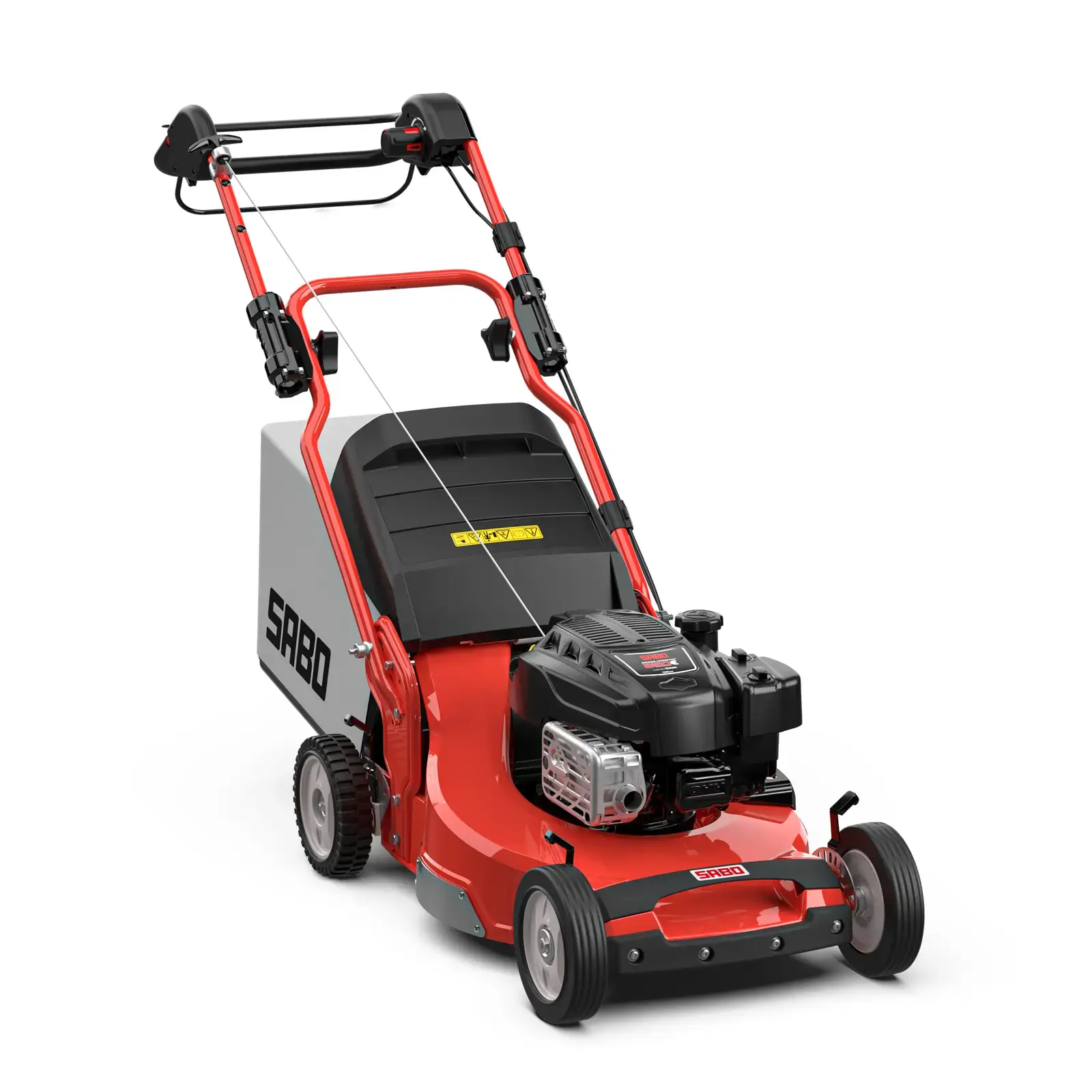 Roter SABO 54-PRO VARIO Rasenmäher, ein robustes Gartengerät für professionelle Rasenpflege, mit Fangkorb und kraftvollem Motor.