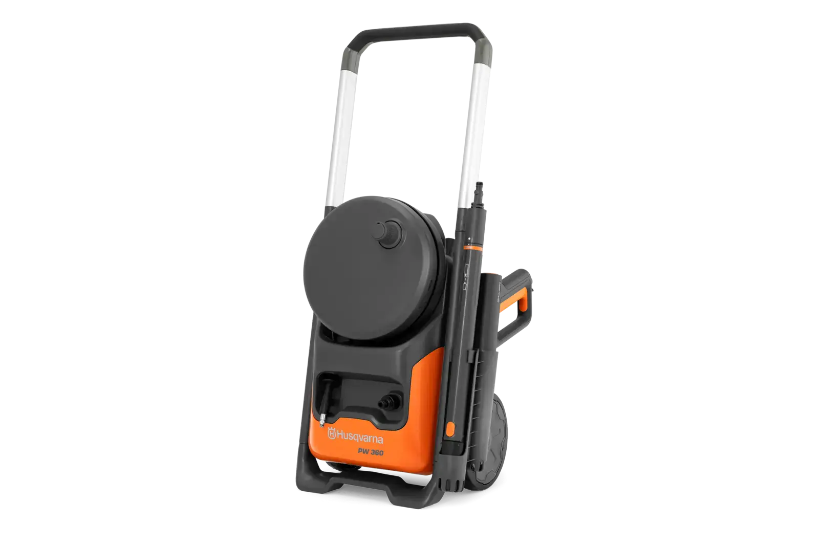 Husqvarna PW360 Hochdruckreiniger, stehend, grau und orange, mit Schlauchaufroller und Lanze, für Reinigungsarbeiten im Aussenbereich.