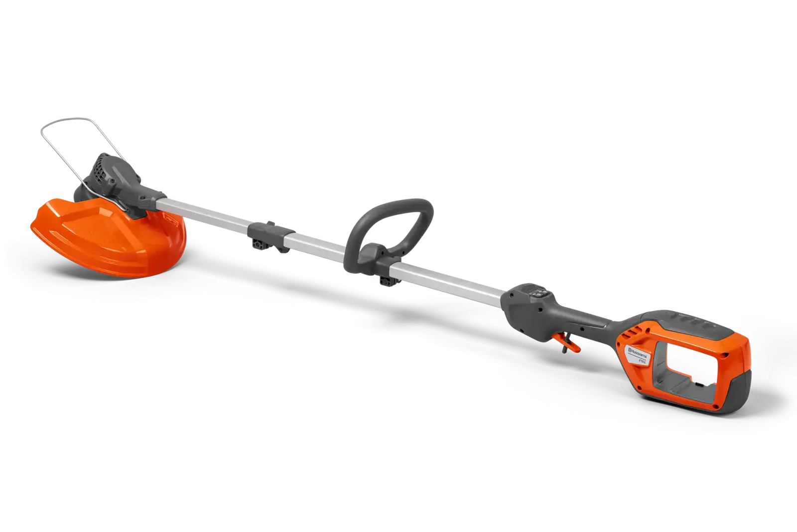 Husqvarna 215IL Akku-Rasentrimmer mit orangefarbenem Schutz, leicht und kabellos für einfache Gartenarbeit.