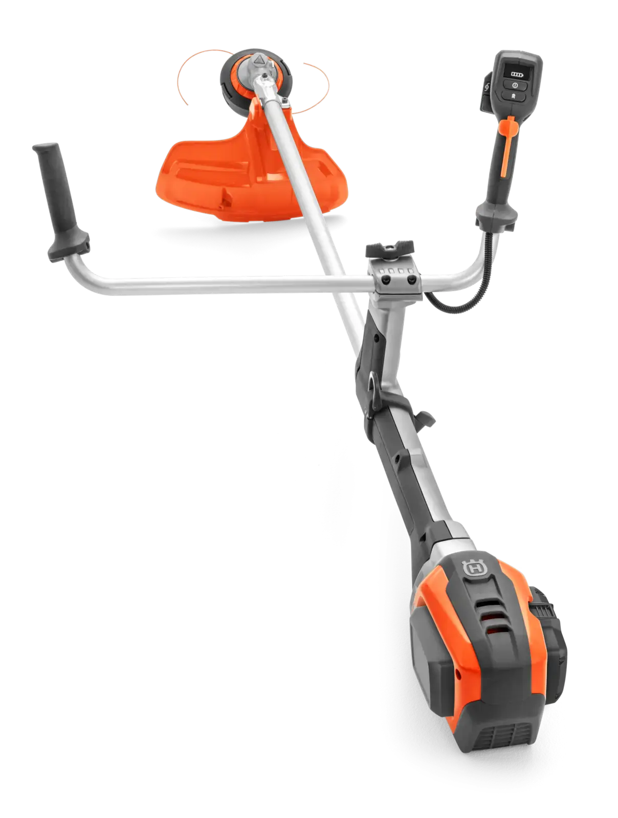 Husqvarna 535iRXT Akku-Rasentrimmer, professionelles Gartengerät in Orange und Grau, Detailansicht. Kraftvoll und ergonomisch.