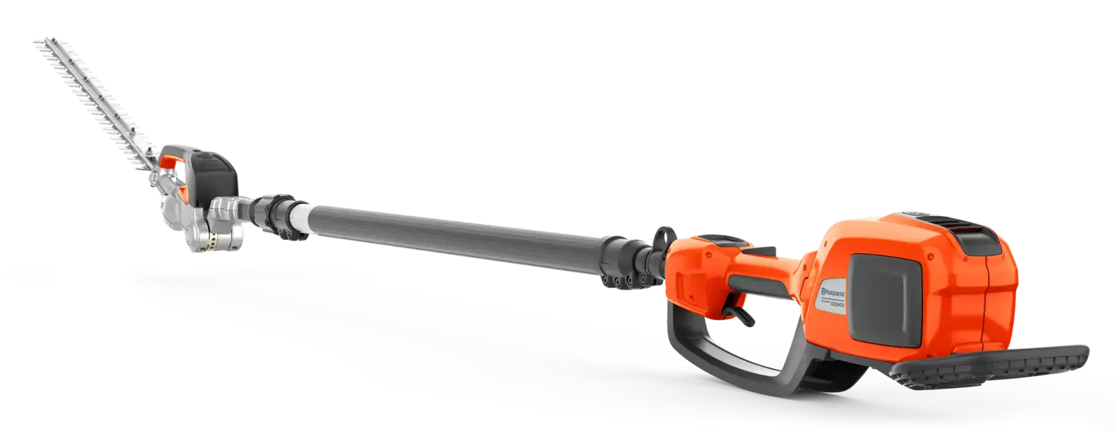 Husqvarna 520iHT4 Akku-Teleskopheckenschere in Orange und Grau. Akkubetrieben, mit langem Schaft und Schneidwerkzeug für hohe Hecken.