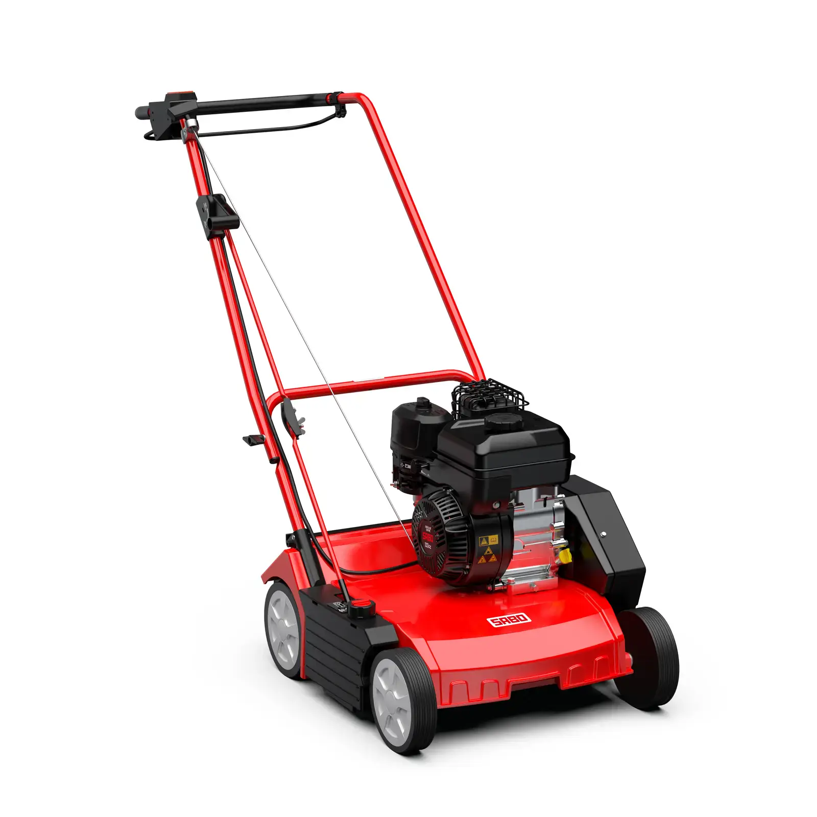 Roter Sabo Vertikutierer 38-BV Benzin mit Benzinmotor, Detailansicht für barrierefreie Beschreibung der Rasenpflege.