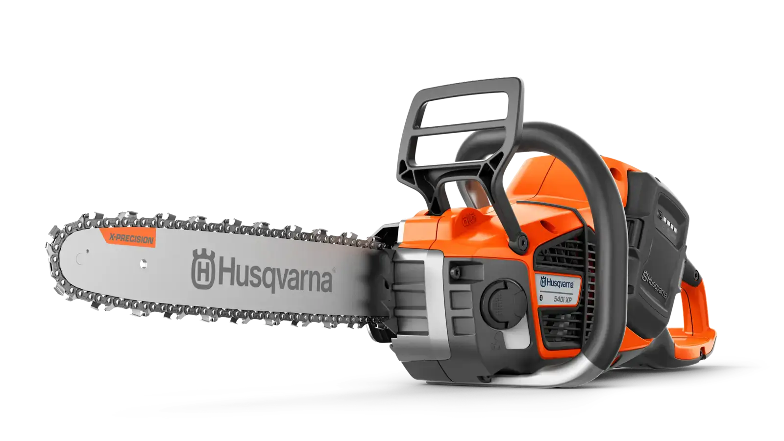Husqvarna 540i XP Akku-Kettensäge, orange und schwarz, mit Schwert und Kette, im Detail. Ideal für den professionellen Einsatz.