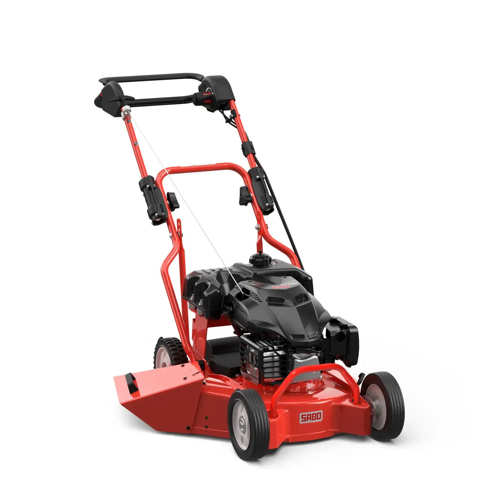 Roter SABO 52-PRO SKA PLUS Rasenmäher, Ansicht von vorne, ideal für Gartenarbeit und Rasenpflege, professionelle Ausrüstung.