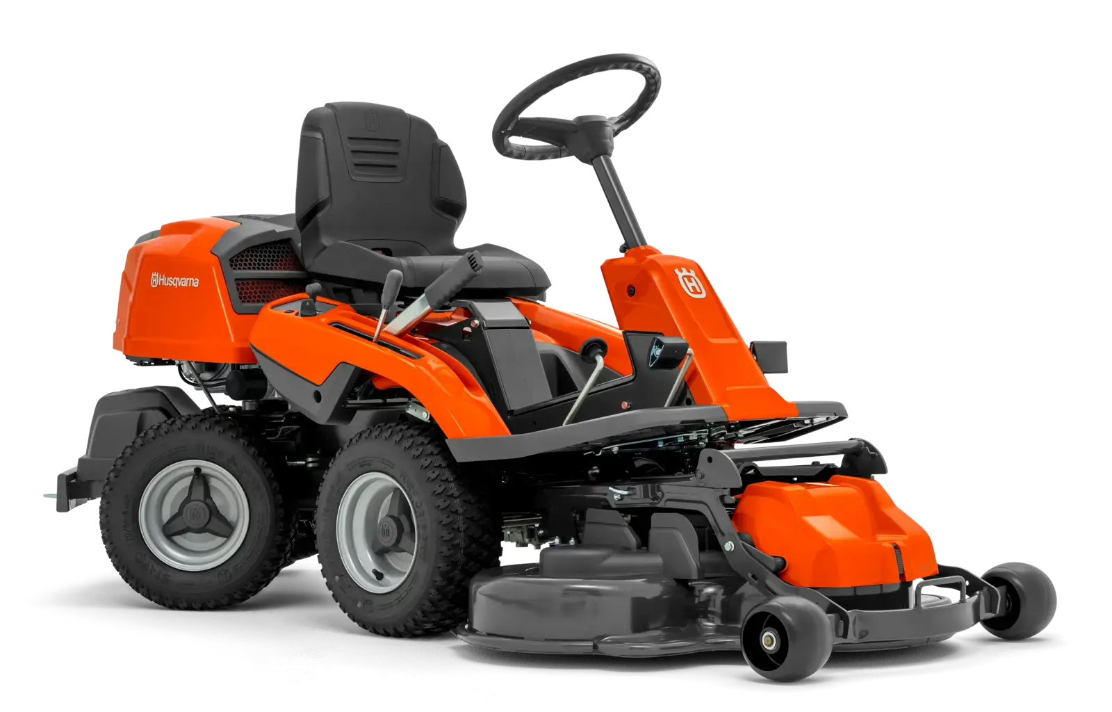 Husqvarna R 214C Aufsitzmäher, orange und schwarz, von der Seite. Garten Traktor mit Lenkrad und Mähwerk.