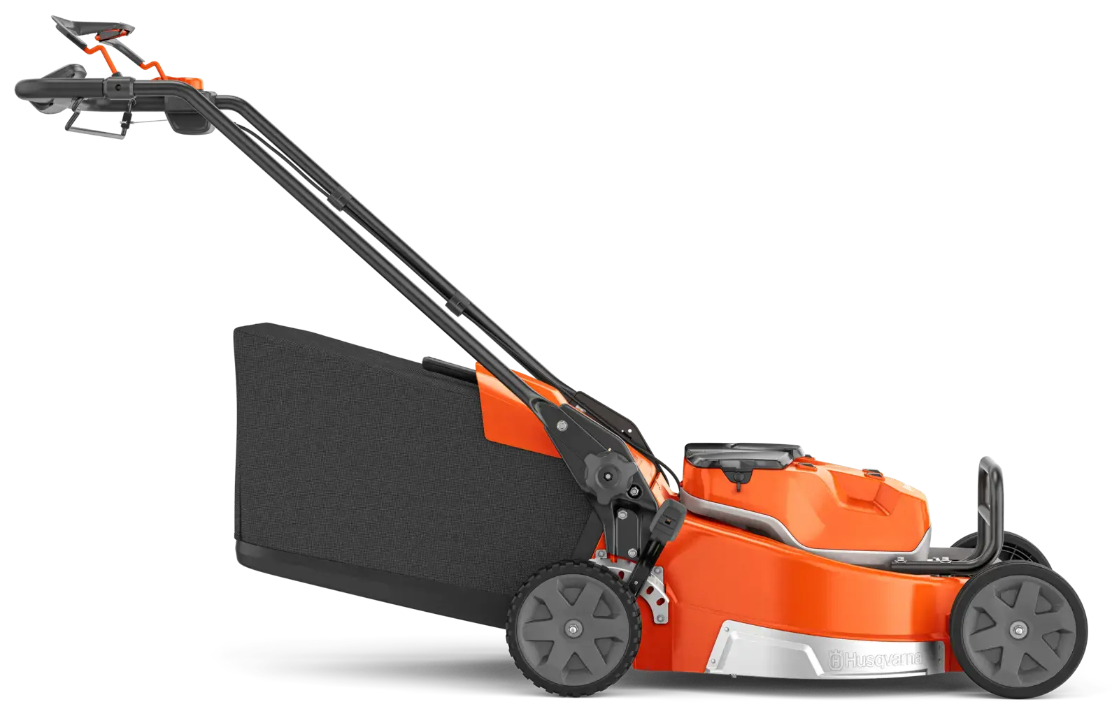 Husqvarna LC551IV Rasenmäher, orange, Seitenansicht. Ein robustes Gerät für eine perfekte Rasenpflege mit Fangkorb.