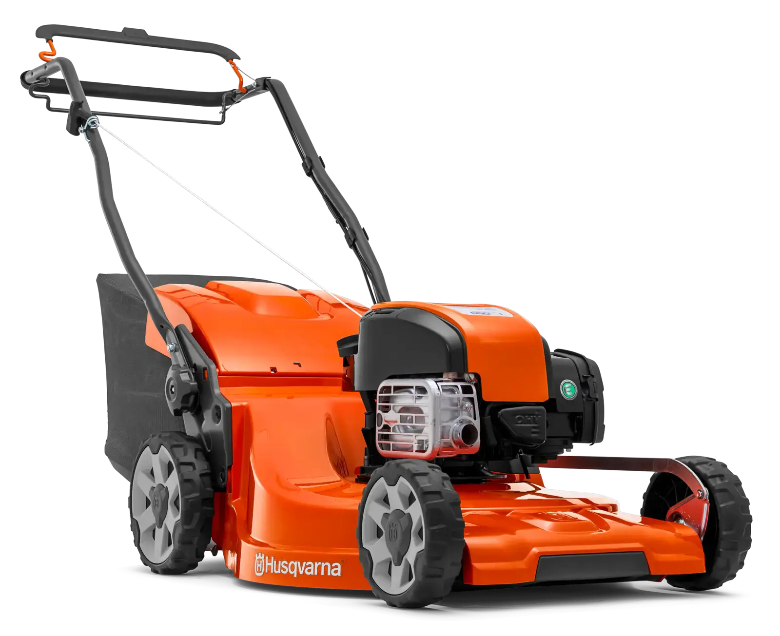 Husqvarna LC253S Rasenmäher in Orange, seitliche Ansicht. Gartengerät mit Fangkorb und robusten Rädern für den Rasenschnitt.