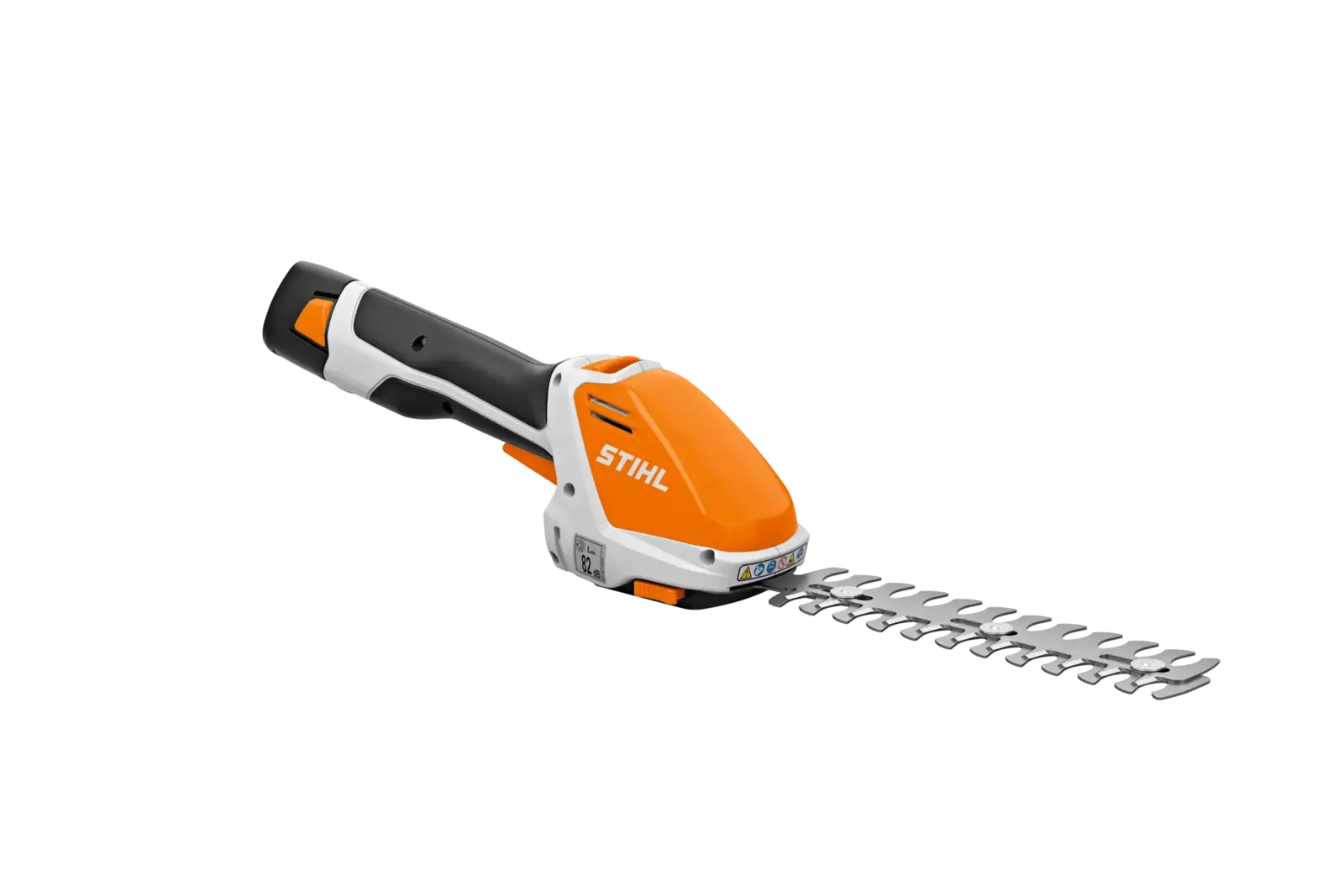 STIHL HSA 26 Akku-Grasschere und Strauchschere mit orangefarbenem Gehäuse und schwarzem Griff vor schwarzem Hintergrund.