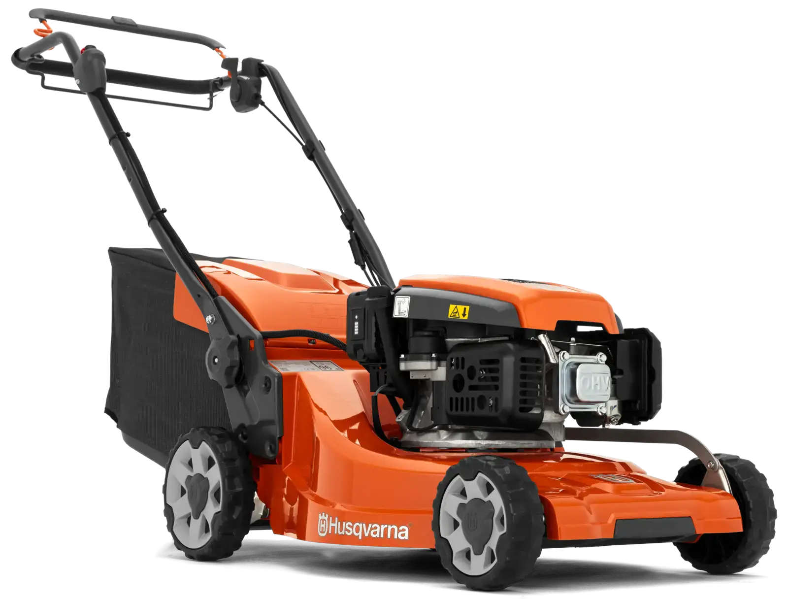 Husqvarna LC 347VE Rasenmäher, orange, mit Fangkorb, Seitenansicht. Ein benutzerfreundlicher Rasenmäher für müheloses Mähen.
