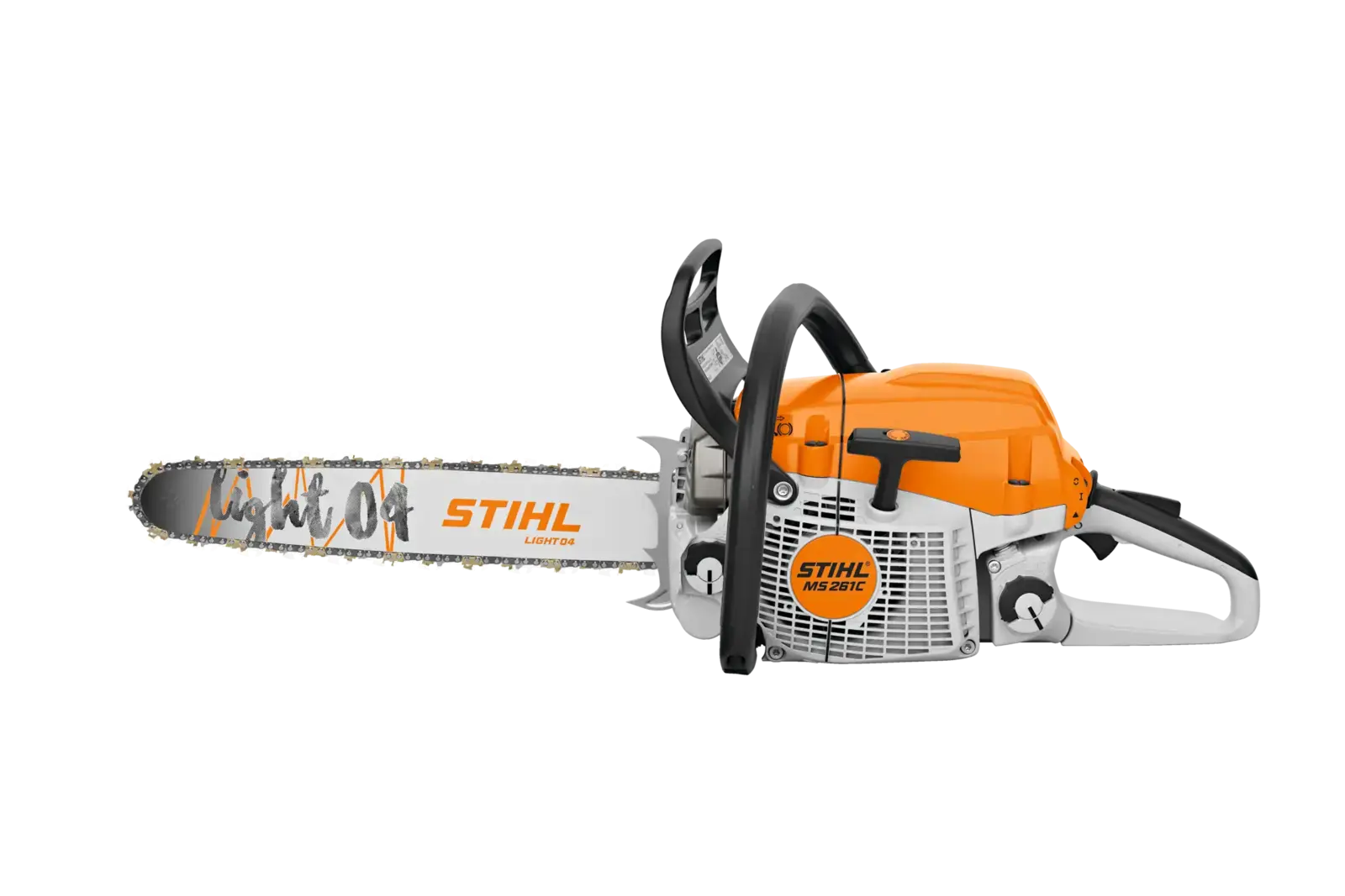STIHL MS 261 C-M Motorsäge, orange und weiss, seitliche Ansicht. Professionelle Kettensäge mit Light 04 Führungsschiene.