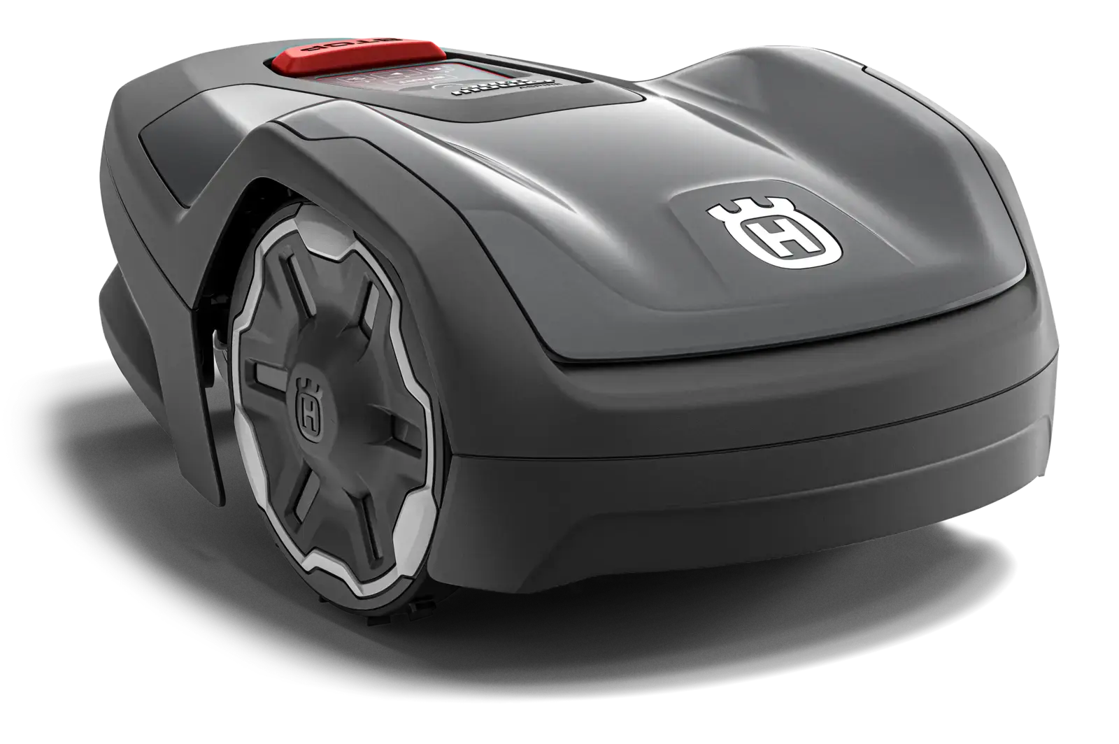 Husqvarna Aspire R4 Mähroboter, graues Design mit roten Akzenten, Ansicht von vorne. Hilft bei der Gartenarbeit.