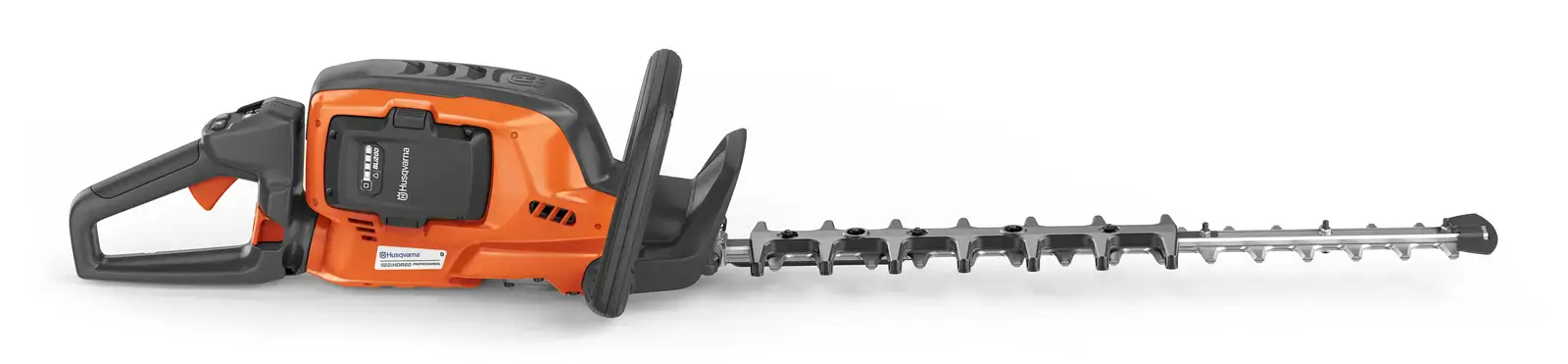 Husqvarna 522IHDR60 Akku-Heckenschere in Orange und Schwarz, mit silberfarbenen Messern vor weißem Hintergrund.
