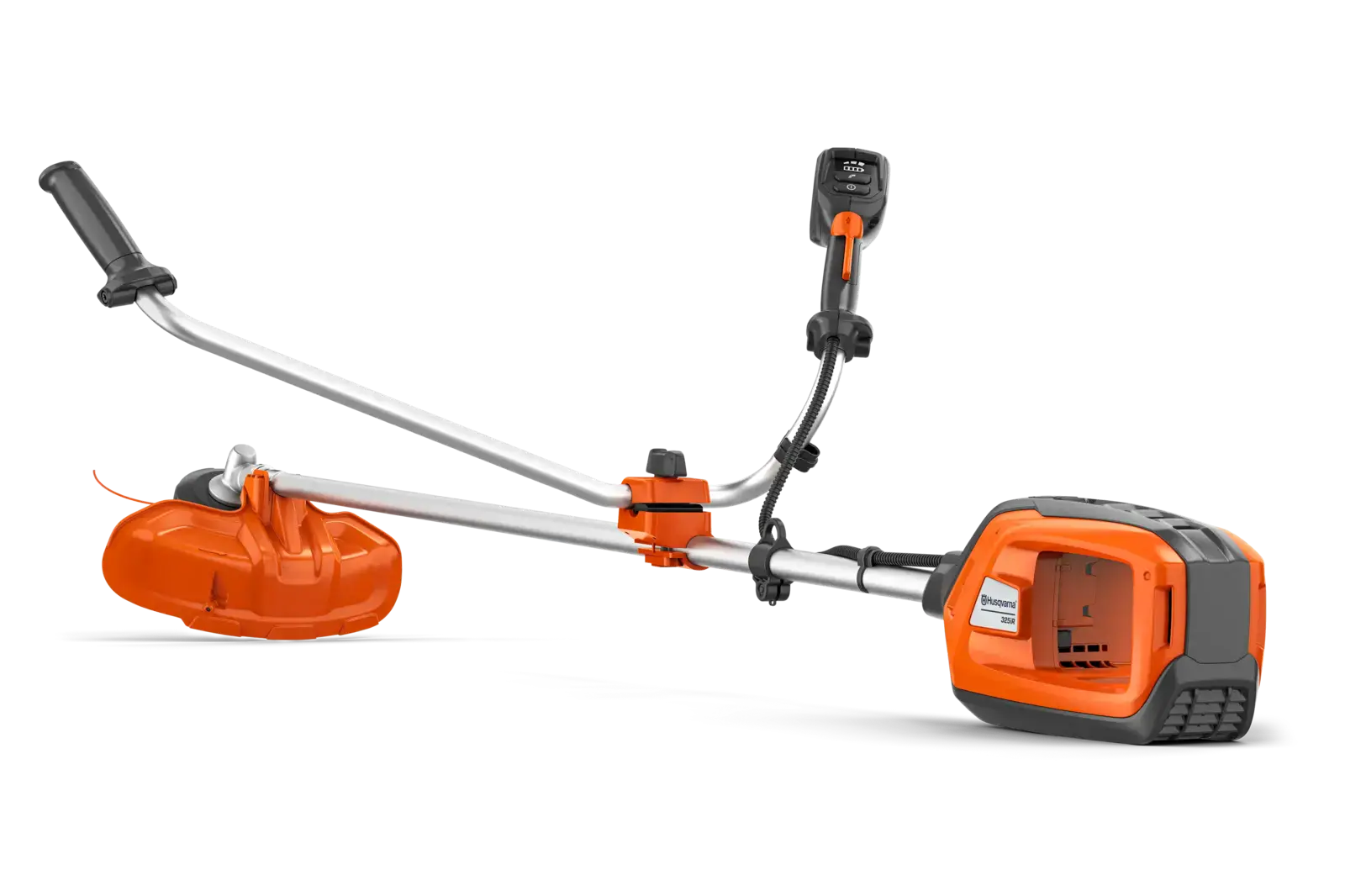 Husqvarna 325iR Akku-Rasentrimmer, orange und grau, mit Bedienelementen und Fadenkopf, freigestellt vor schwarzem Hintergrund.