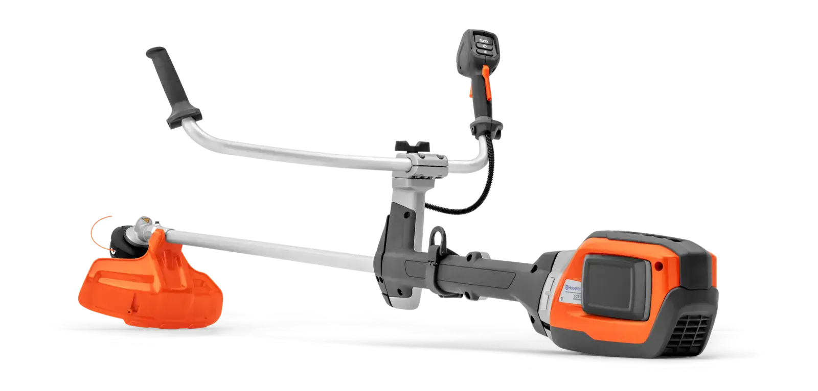 Husqvarna 535iRX Akku-betriebene Motorsense, orange und grau, mit gebogenem Griff und Akku-Pack, seitliche Ansicht.