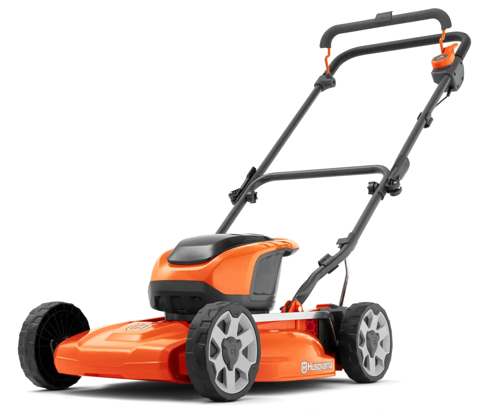 Husqvarna LB 144i Akku-Rasenmäher in Orange und Schwarz, von der Seite, mit Griff und Rädern, vor schwarzem Hintergrund.