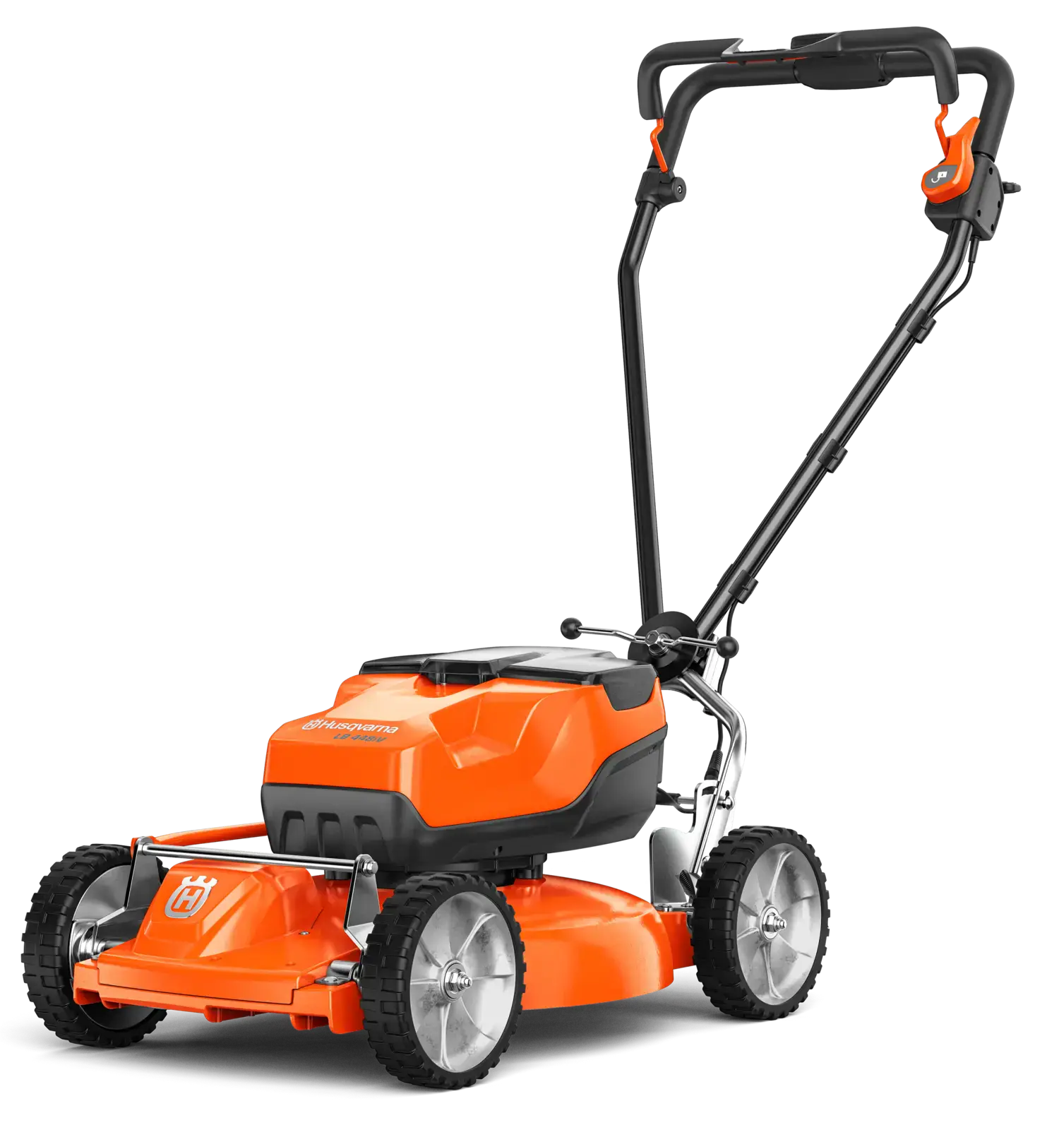 Husqvarna LB 448I Akku-Rasenmäher, orange und schwarz, mit silbernen Rädern und ergonomischem Griff, Seitenansicht