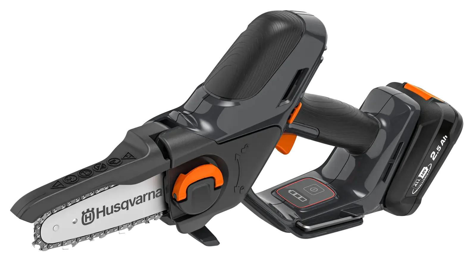 Husqvarna ASPIRE P5 Akku-Kettensäge, Nahaufnahme. Kompaktes Design, graue und orange Akzente, Akku und Sägekette deutlich sichtbar.