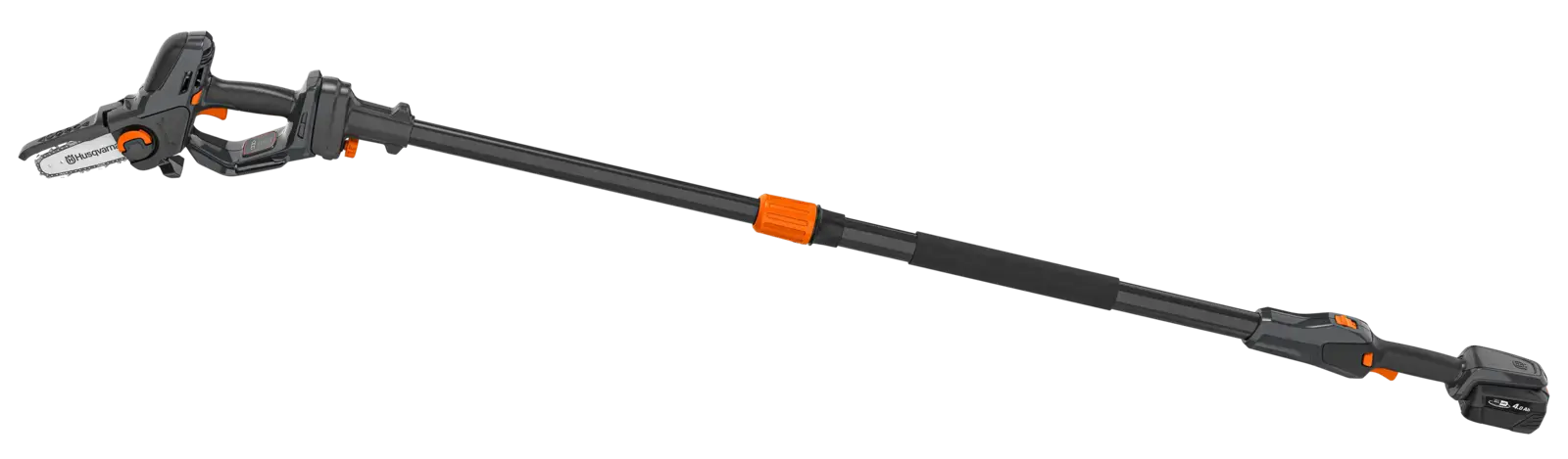 Husqvarna ASPIRE PE5 Akku-Hochentaster mit Teleskopstiel, Akku und Sägekopf im Detail. Ideal zum Baumschnitt aus sicherer Entfernung.