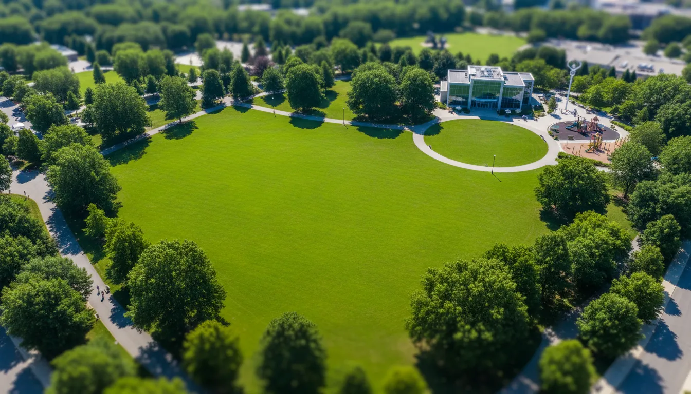 Hintergrund Saison Allgemein - Parkanlage mit großer grünen Wiese und Bäumen