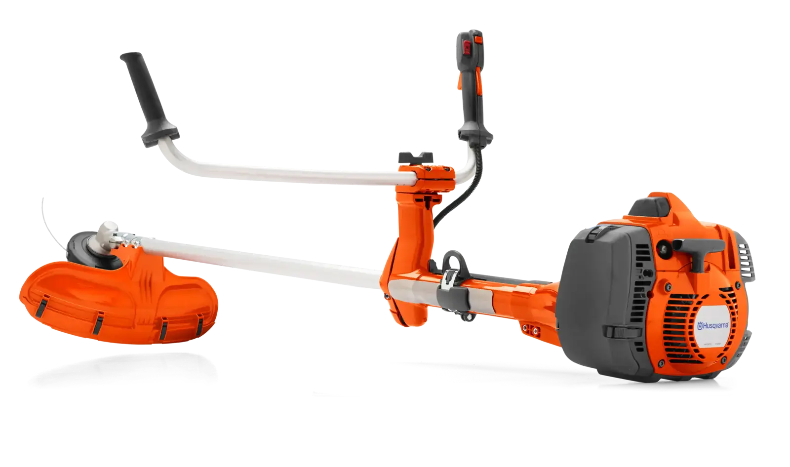 Husqvarna 545RX Motorsense in Orange und Grau, professionelle Gartengeräte zur Rasenpflege, Freischneider mit ergonomischem Griff.