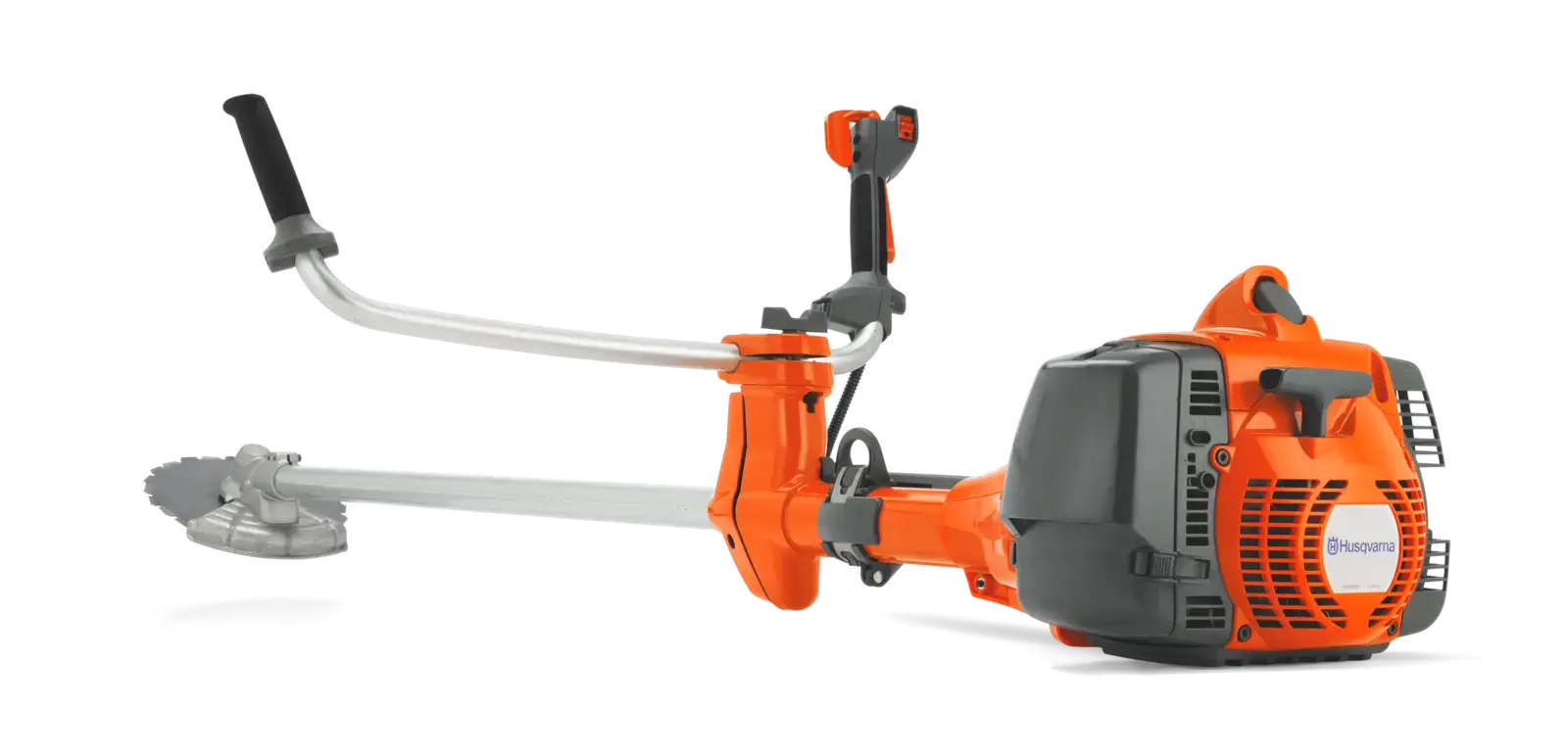 Husqvarna 555FXT Motorsense, orange und grau, Seitenansicht. Ein professionelles Gartengerät für effizientes Trimmen und Mähen.