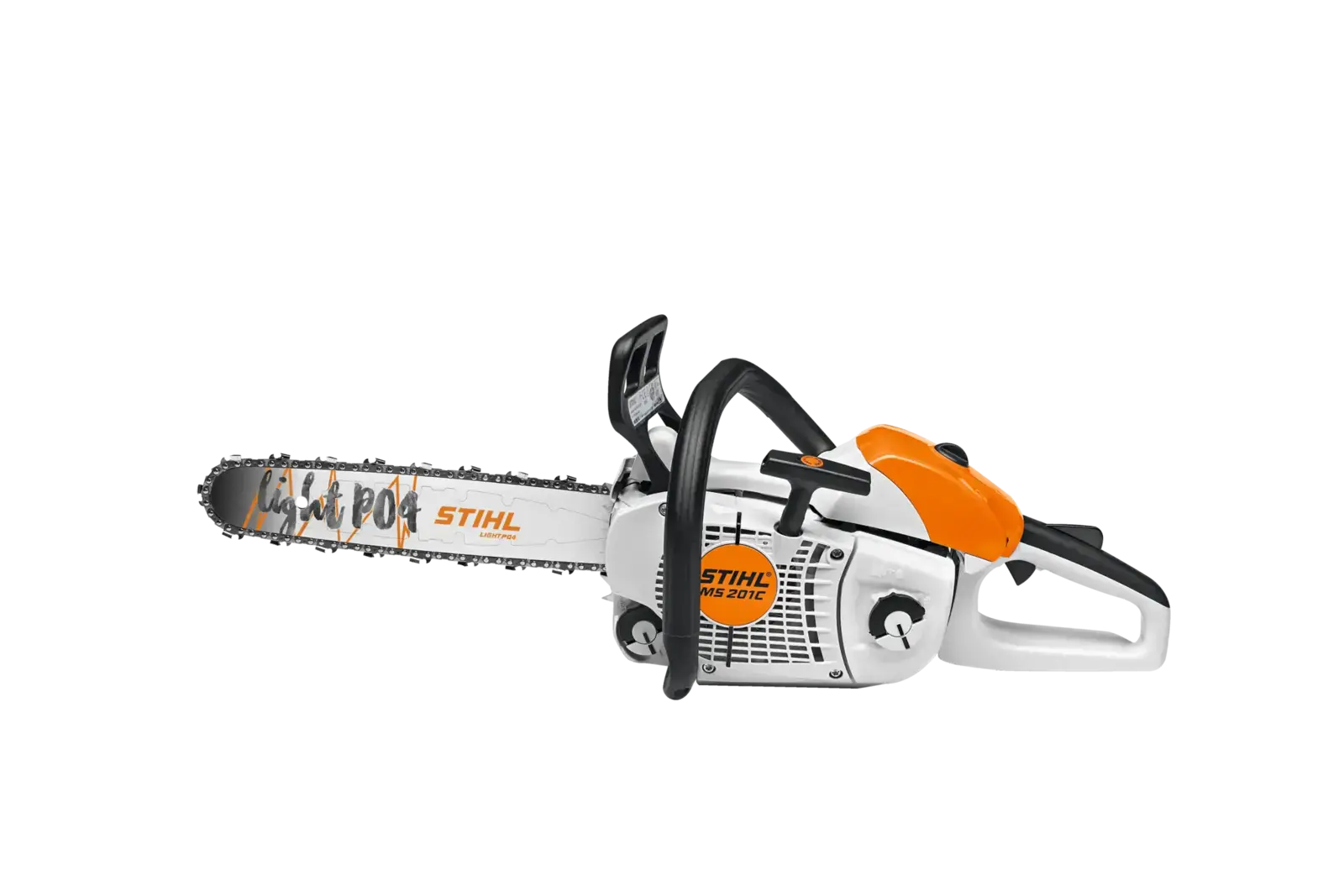 STIHL MS 201C-M Motorsäge in Weiß und Orange, seitliche Ansicht auf schwarzem Hintergrund. Professionelle Kettensäge.
