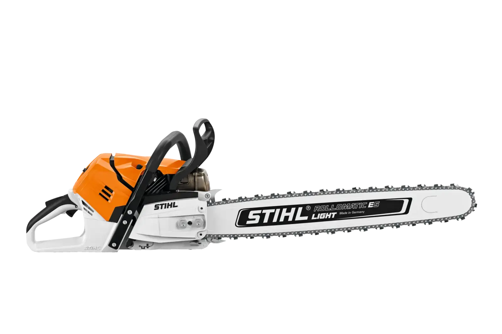STIHL MS 500i Motorsäge, orange-weißes Gehäuse, seitliche Ansicht auf schwarzem Hintergrund, mit Rollomatic ES Schwert.