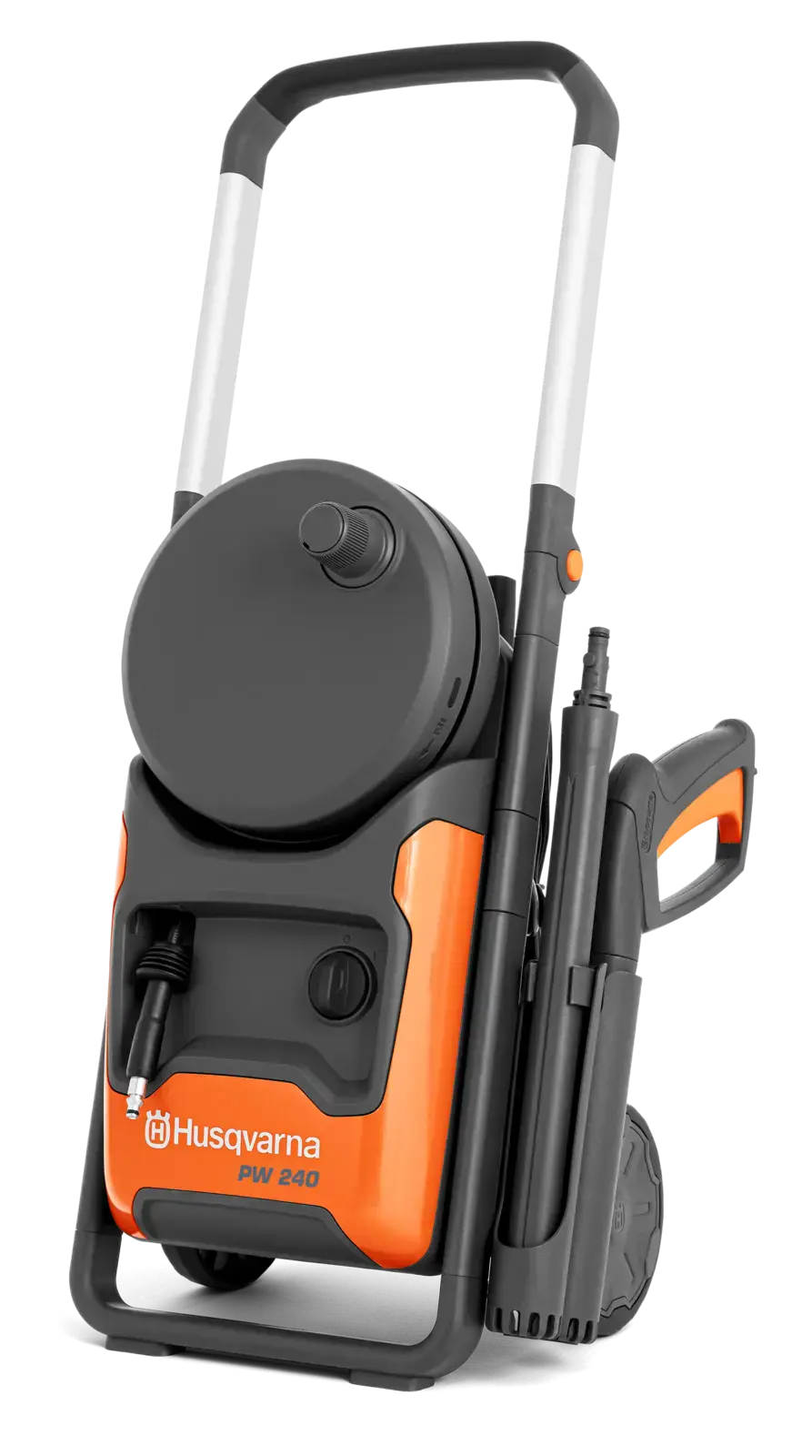 Husqvarna PW 240 Hochdruckreiniger, orange und schwarz, mit Griff und Zubehör, zur Reinigung von Garten und Terrasse.