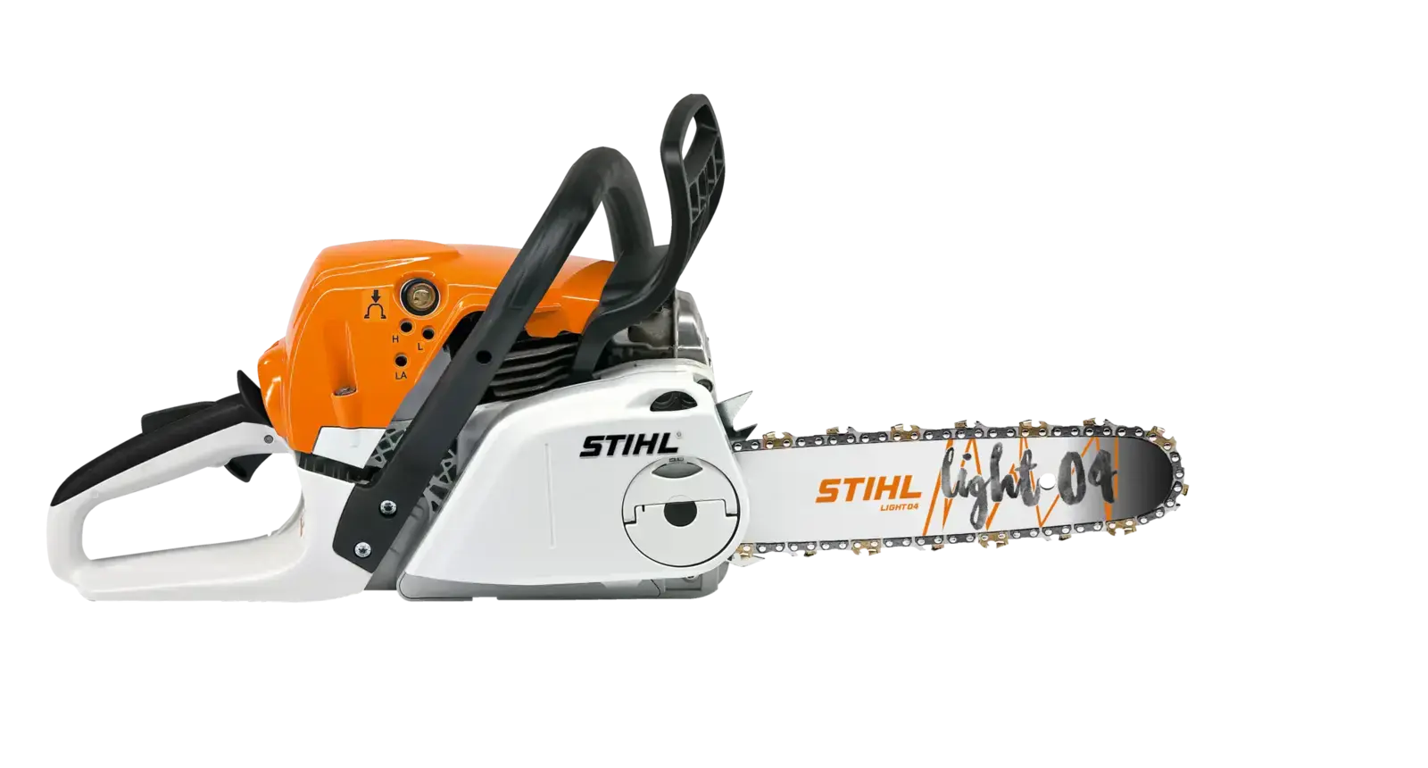 STIHL MS 231 C-BE Motorsäge, seitliche Ansicht. Orangefarbenes und weißes Gehäuse, STIHL Light 04 Schneidgarnitur.