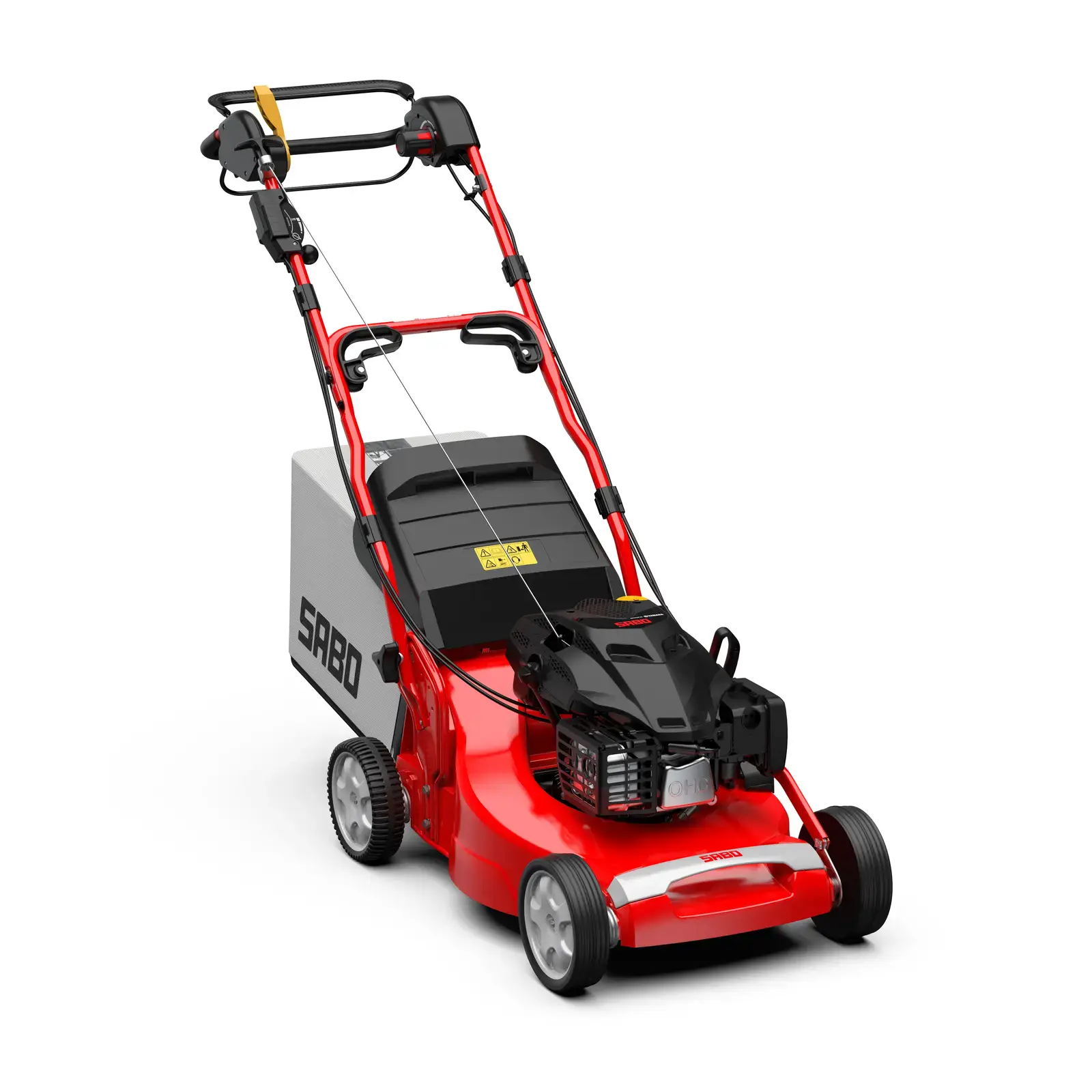 Roter SABO 54-K VARIO B Benzin-Rasenmäher mit Fangkorb, seitliche Perspektive auf weißem Hintergrund. Gartengerät für Rasenpflege.