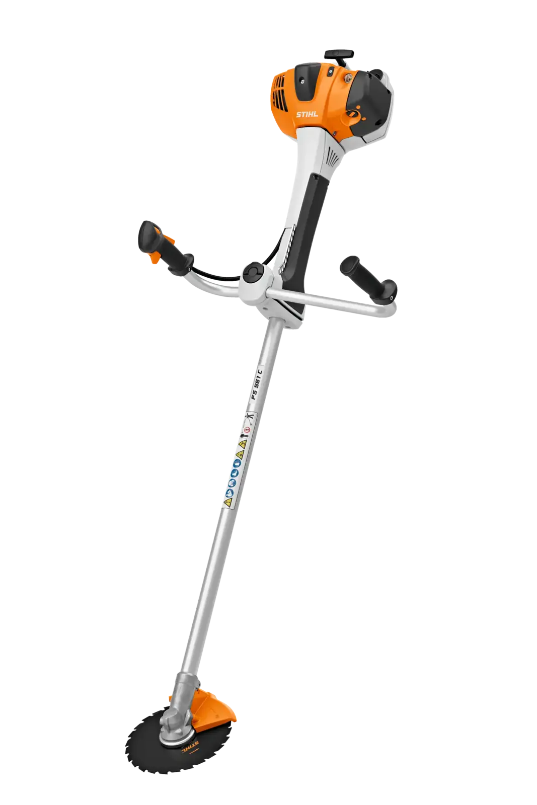 STIHL FS 561 C-EM Motorsense, ein professionelles Gartengerät für Mäharbeiten und Landschaftspflege, gut erkennbar durch die Farben orange und weiß.