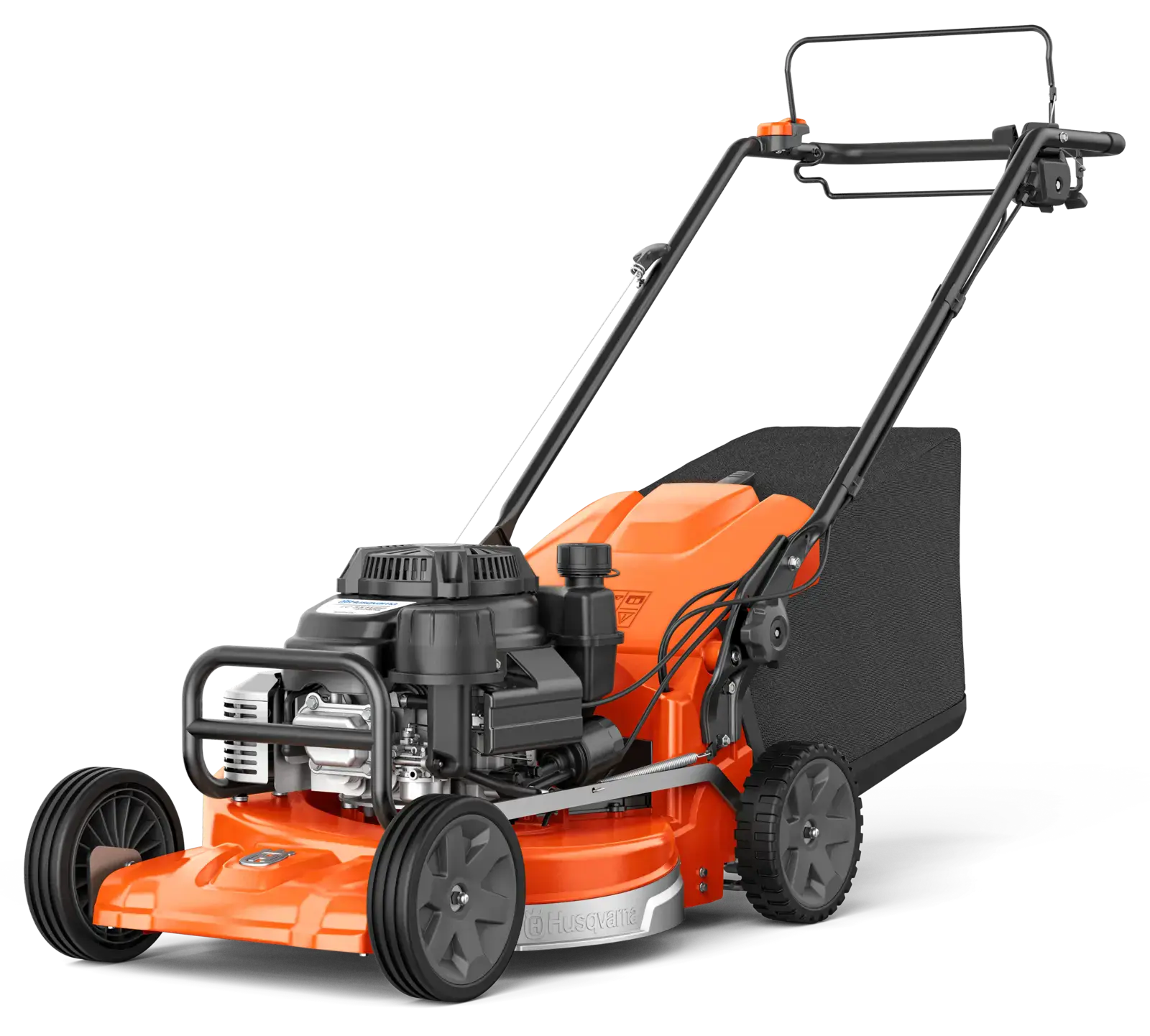 Oranger Husqvarna LC551VBP Rasenmäher mit Grasfangkorb, seitliche Ansicht. Ideal für Gartenarbeit und Rasenpflege.