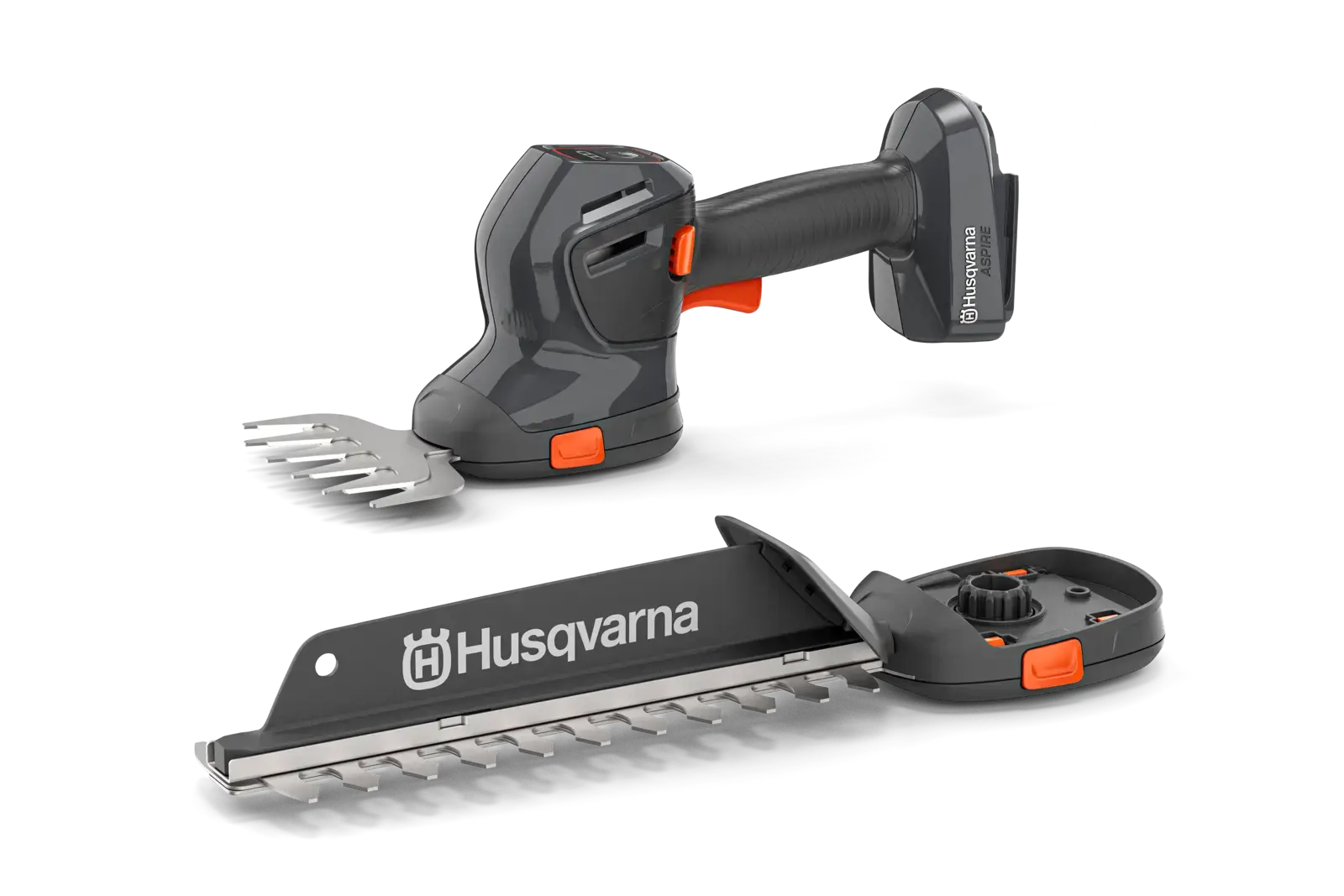 Husqvarna ASPIRE S20-P4A Akku-Gras- und Strauchschere mit Grasschere und Strauchscherenmesser auf schwarzem Hintergrund.