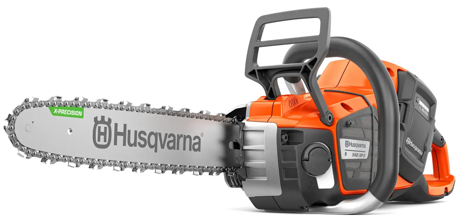Husqvarna 542IXPG Akkugeräte Motorsäge in Orange und Schwarz. Detailansicht der leistungsstarken Akku-Kettensäge mit X-Precision Schwert.