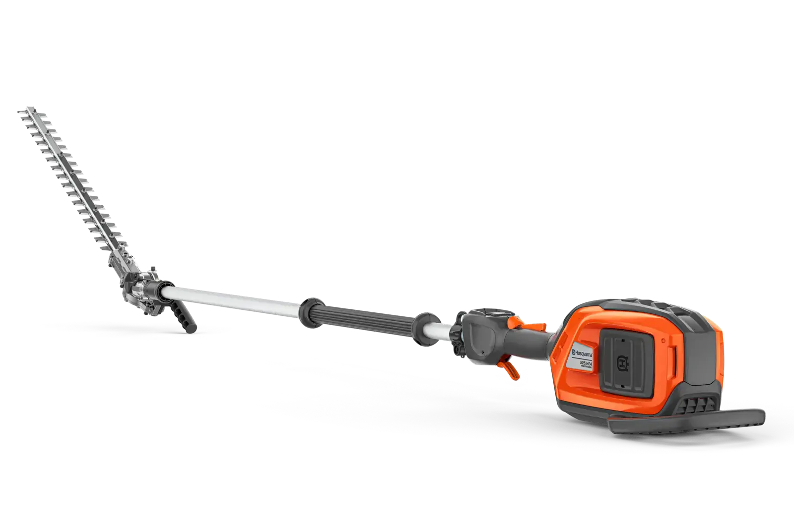 Husqvarna 525IHE4 Akku-Heckenschere mit Teleskopschaft, für hohe Hecken, orange und grau, auf schwarzem Hintergrund