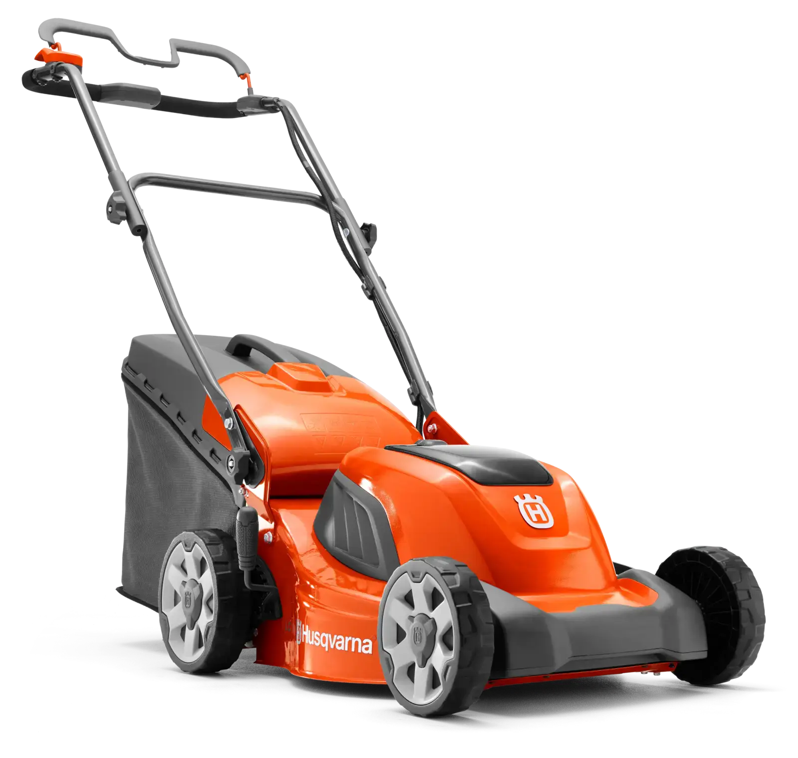 Husqvarna LC141C Rasenmäher, orange und grau, mit Fangkorb, seitliche Ansicht, freigestellt vor schwarzem Hintergrund.