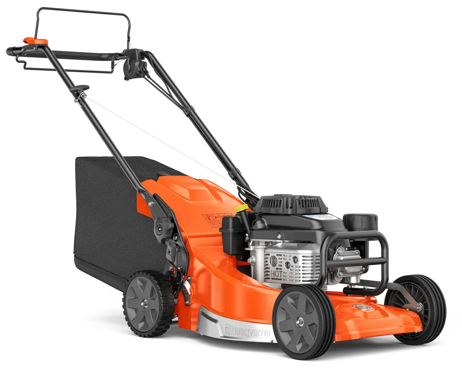 Husqvarna LC551SP Rasenmäher in Orange und Schwarz, Seitenansicht. Selbstfahrend, mit großem Fangkorb für müheloses Rasenmähen.