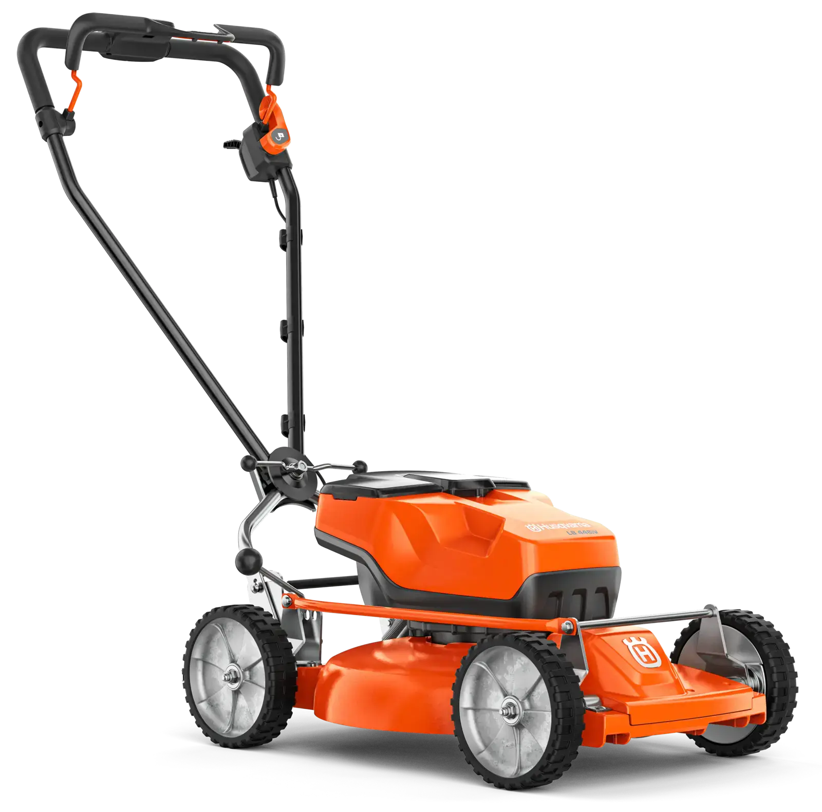Husqvarna LB 448iV Akku-Rasenmäher, orange, mit silbernen Rädern, auf schwarzem Hintergrund. Professionelles Gartengerät.