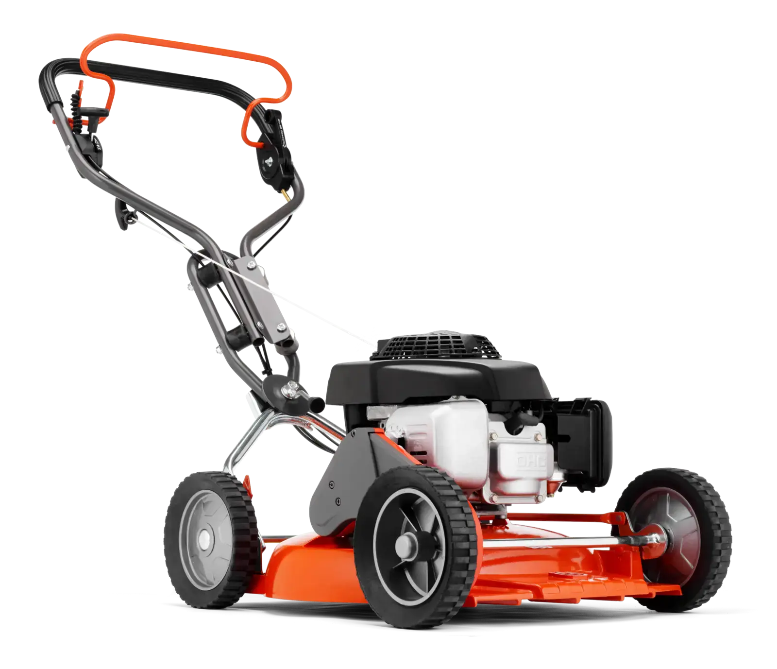 Husqvarna LB 548SQE Rasenmäher, orangefarbenes Gehäuse, schwarzer Motor und grauer Griff, dargestellt auf schwarzem Hintergrund.