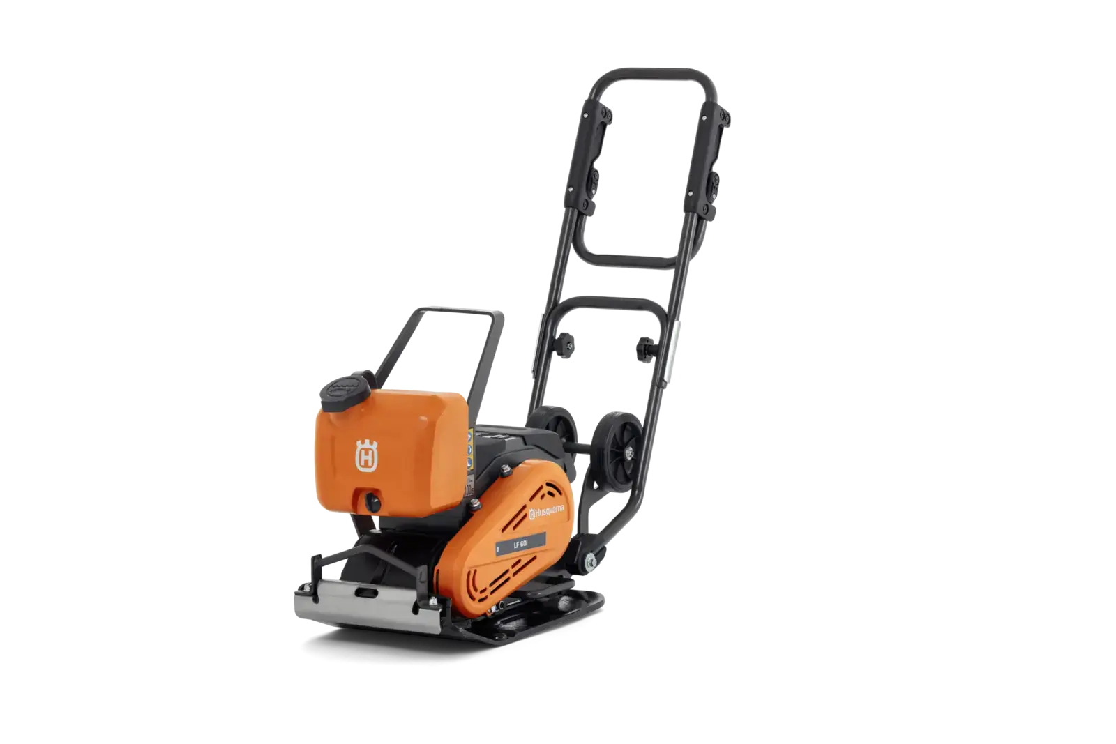 Orange-schwarze Husqvarna LF60I Akku-Rüttelplatte von vorne, einsatzbereit für präzise Verdichtungsarbeiten im Garten- und Landschaftsbau.
