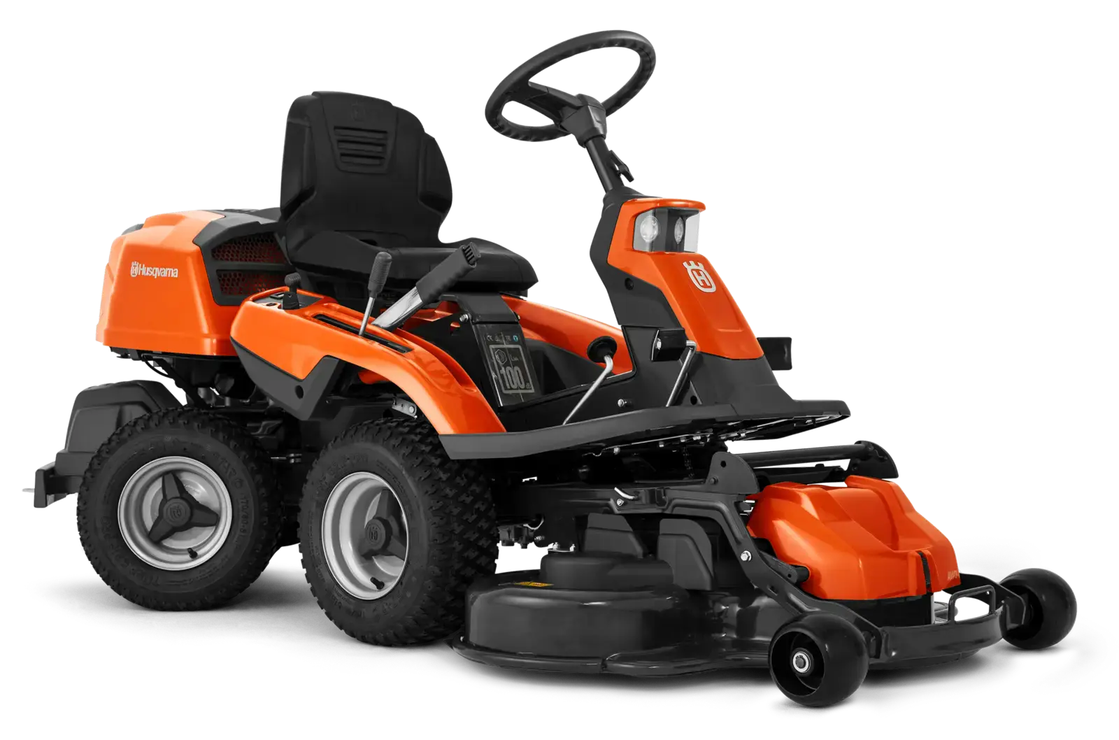 Husqvarna R216T AWD Rider mit Allradantrieb, orangefarben, für Rasenpflege und anspruchsvolles Gelände.